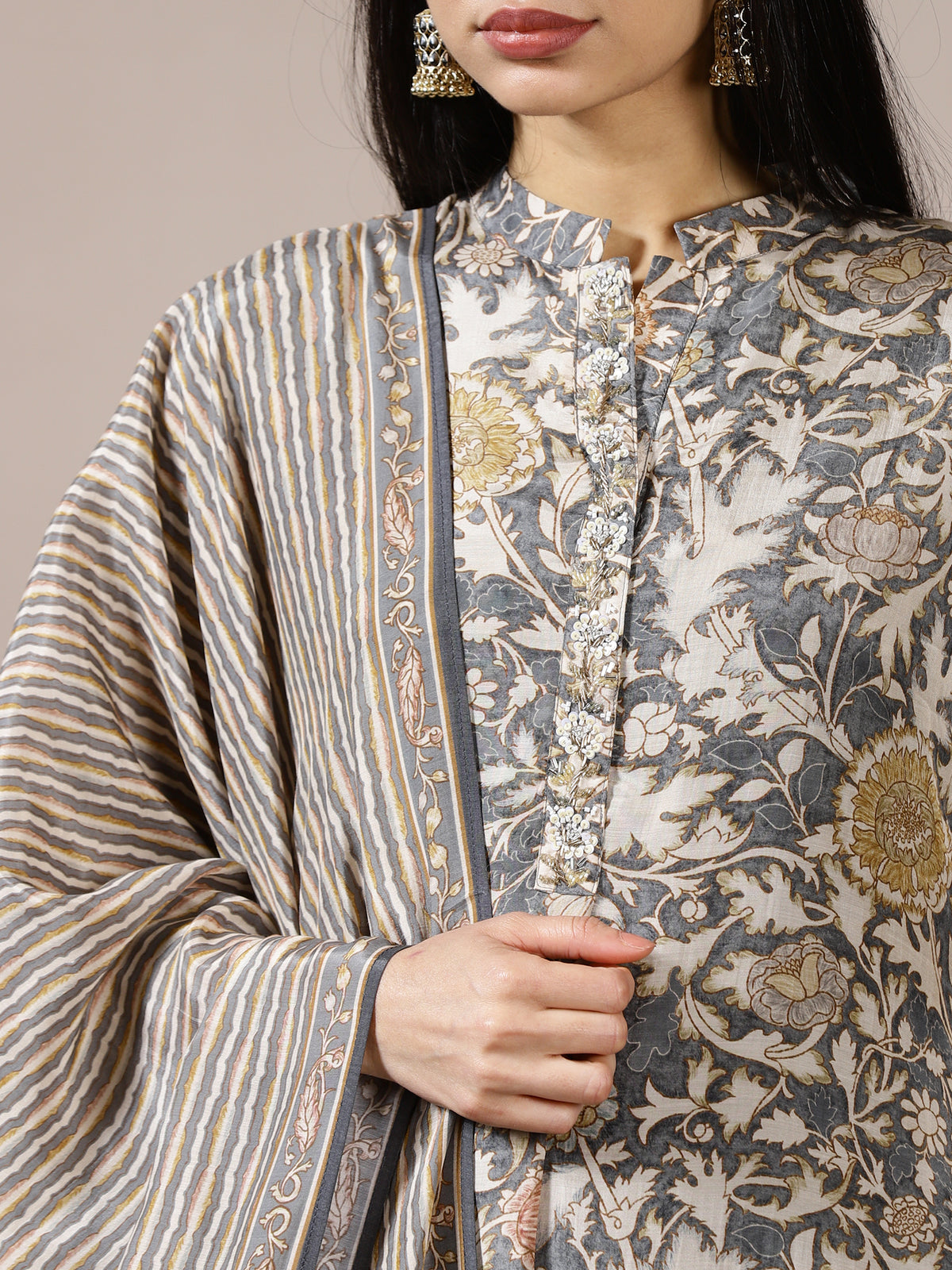 Grey Floral Printed Suit Set
