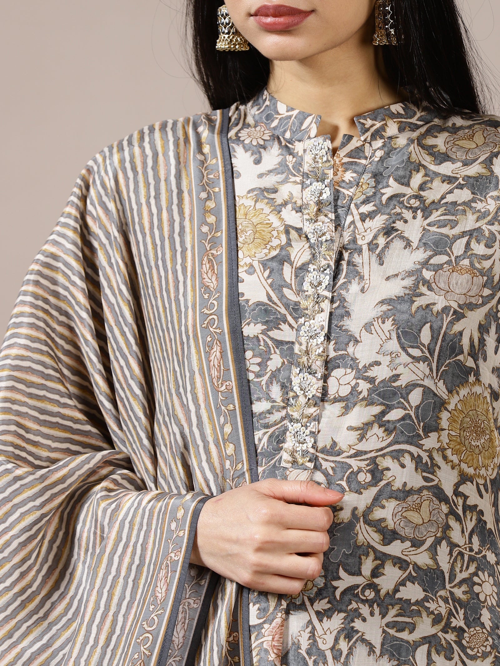 Grey Floral Printed Suit Set
