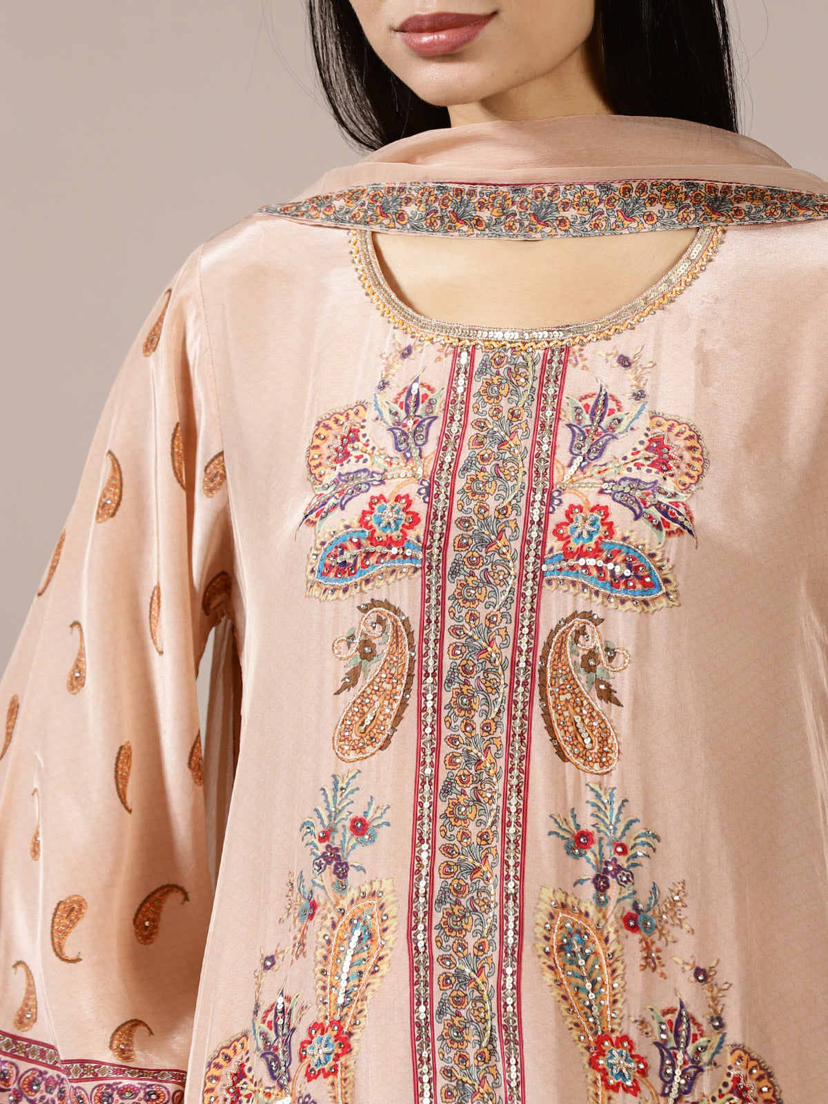 Beige Kurta Set with Detailed Paisley & Floral Kashmiri Embroidery