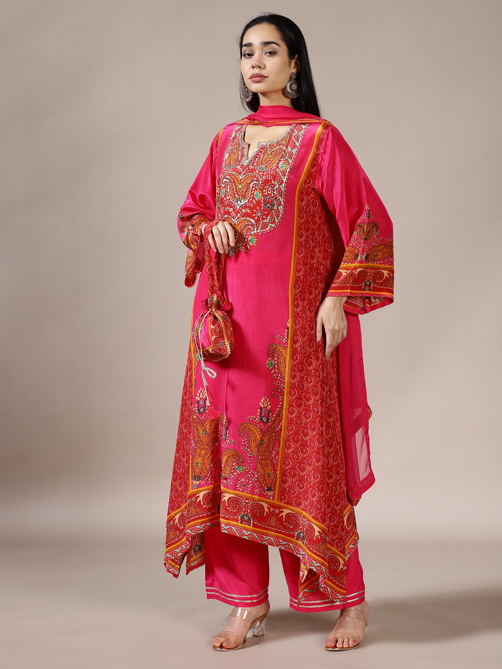 Hot Pink Embroidered Kurta Set with Broad Paisley Motifs