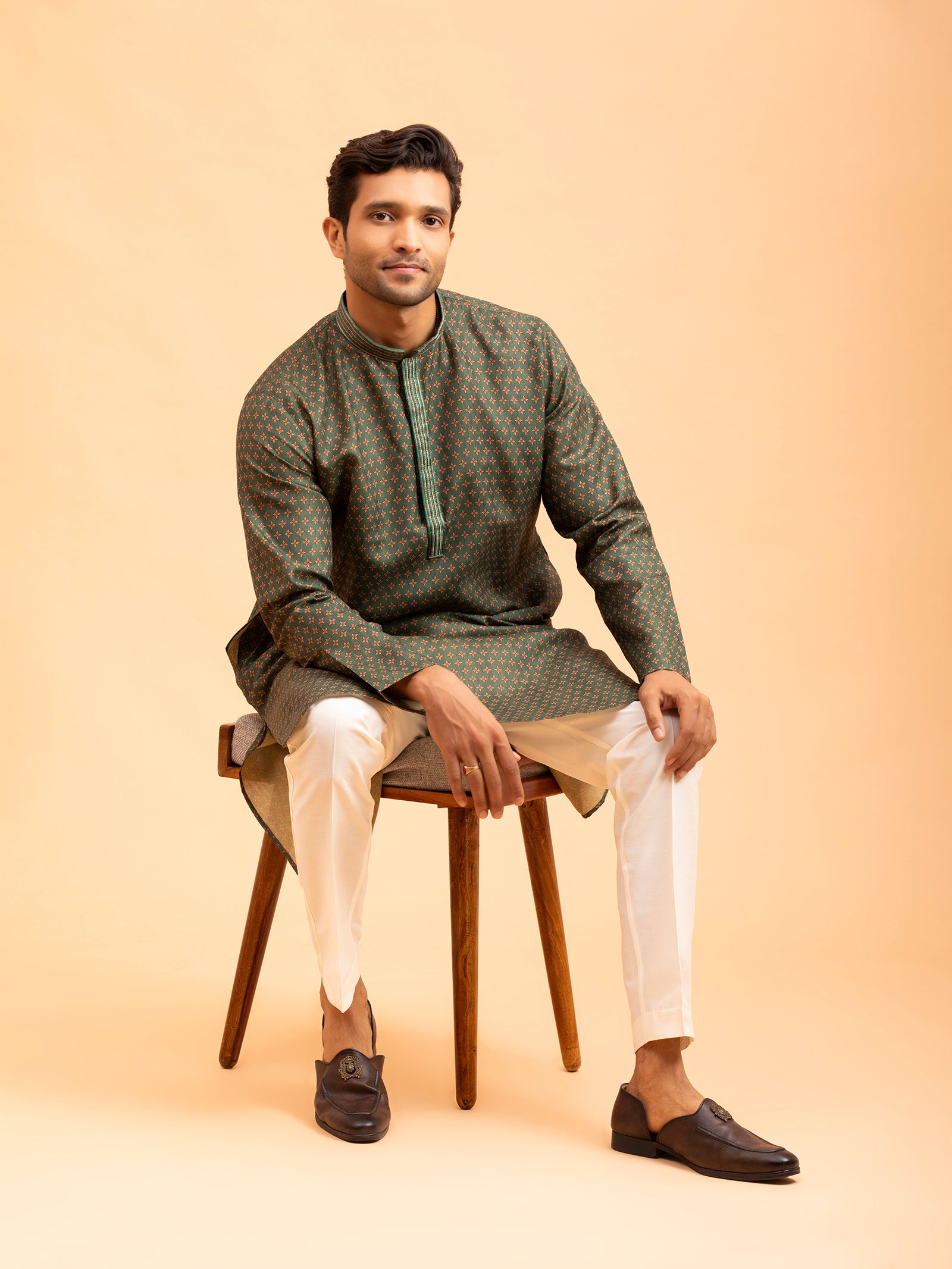 Olive Floral Motif Kurta