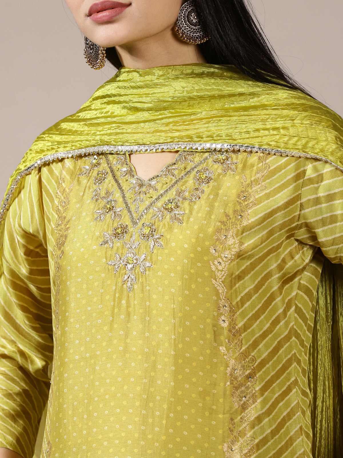 Leheriya Ruffled Gharara Set in Lime Green with Gota Patti Work