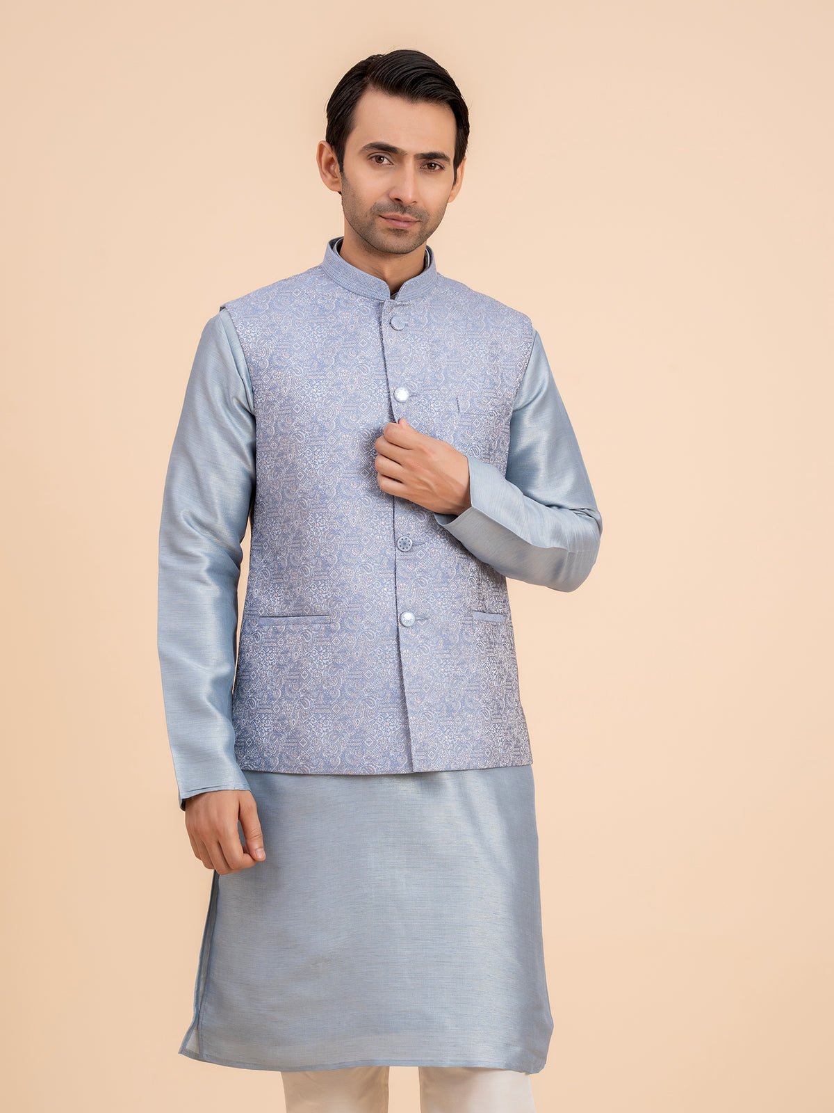 Dusty Blue Embroidered Nehru Jacket