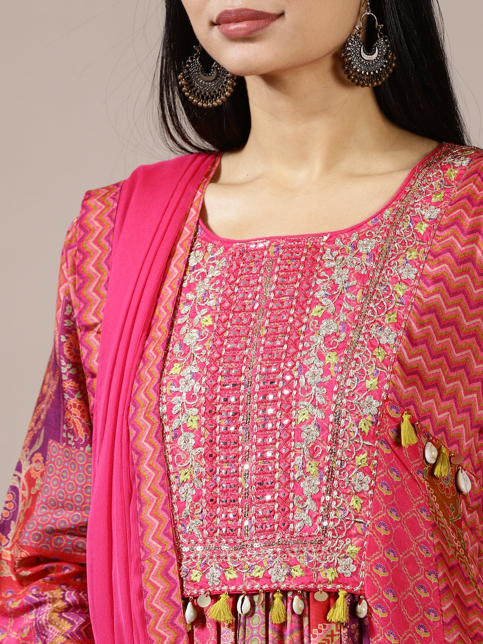 Fuchsia Anarkali Kurta Set with All-Over Print and Hand Embroidery