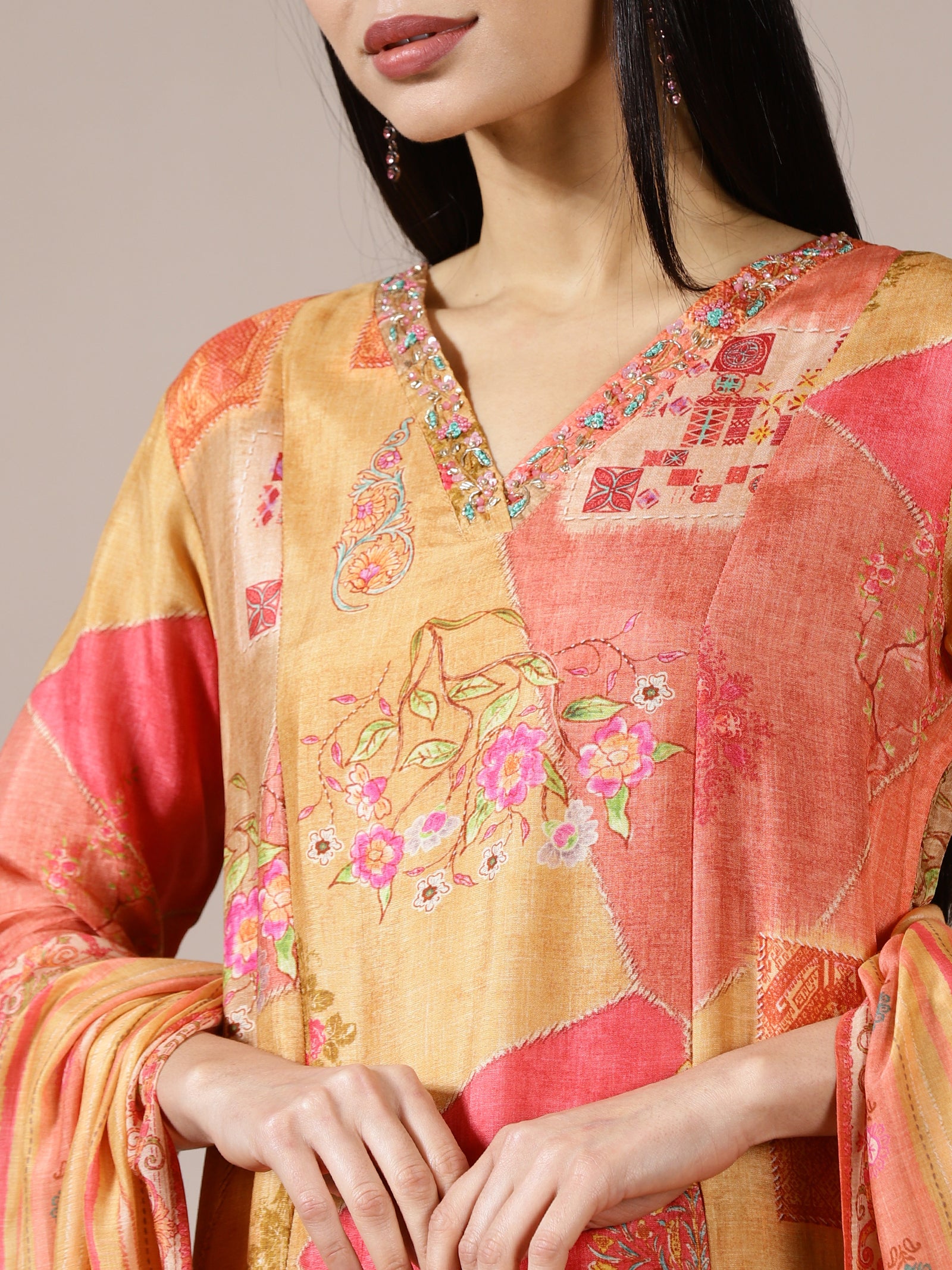 Saffron Patchwork Printed Suit Set