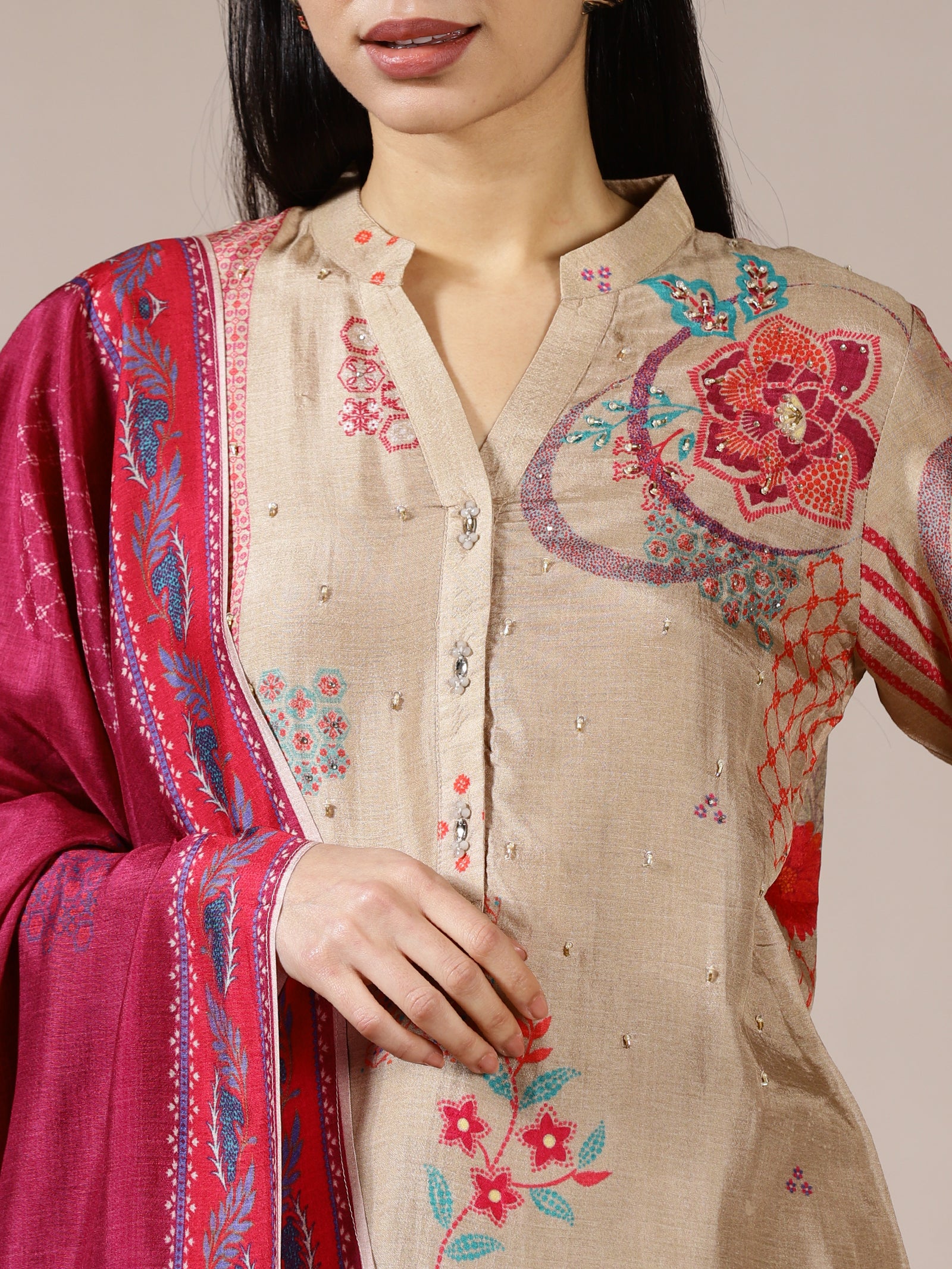 Beige Printed Kurta Set With Contrast Dupatta
