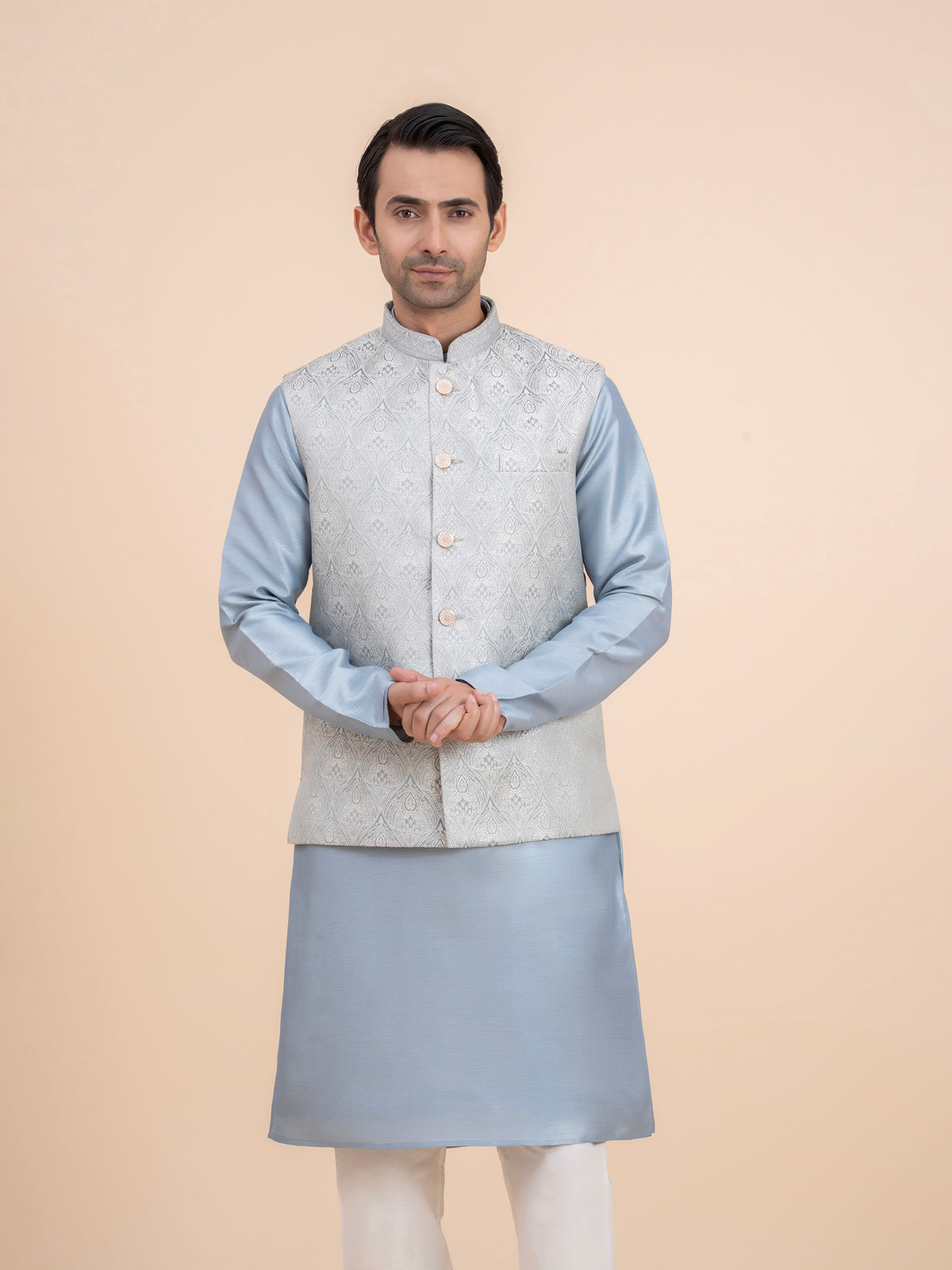 Silver Grey Embroidered Nehru Jacket