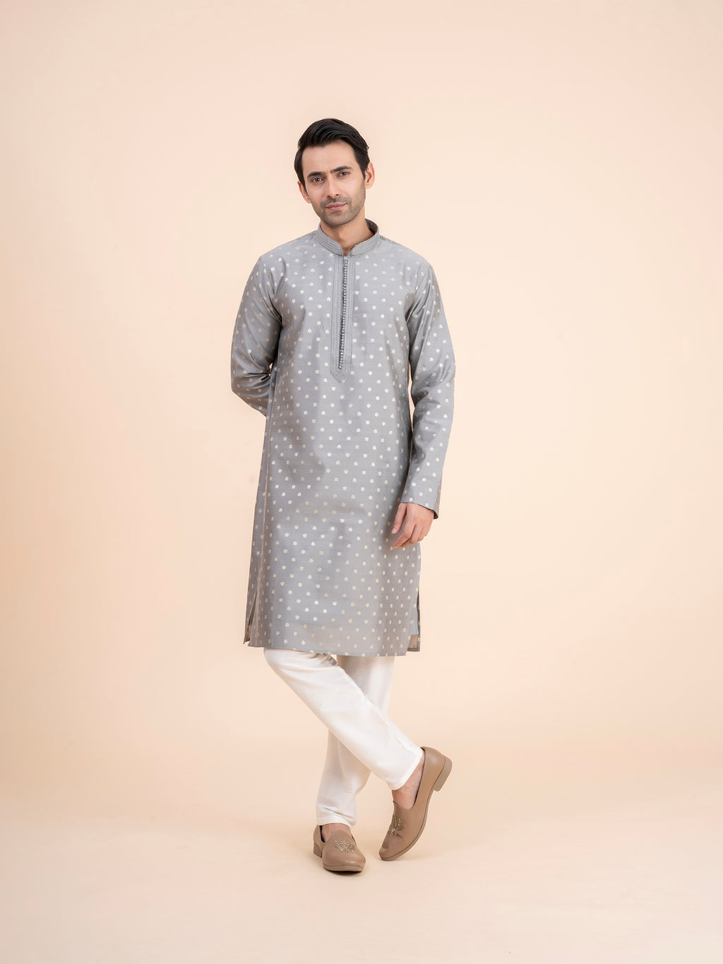 Grey Woven Motif Kurta Set