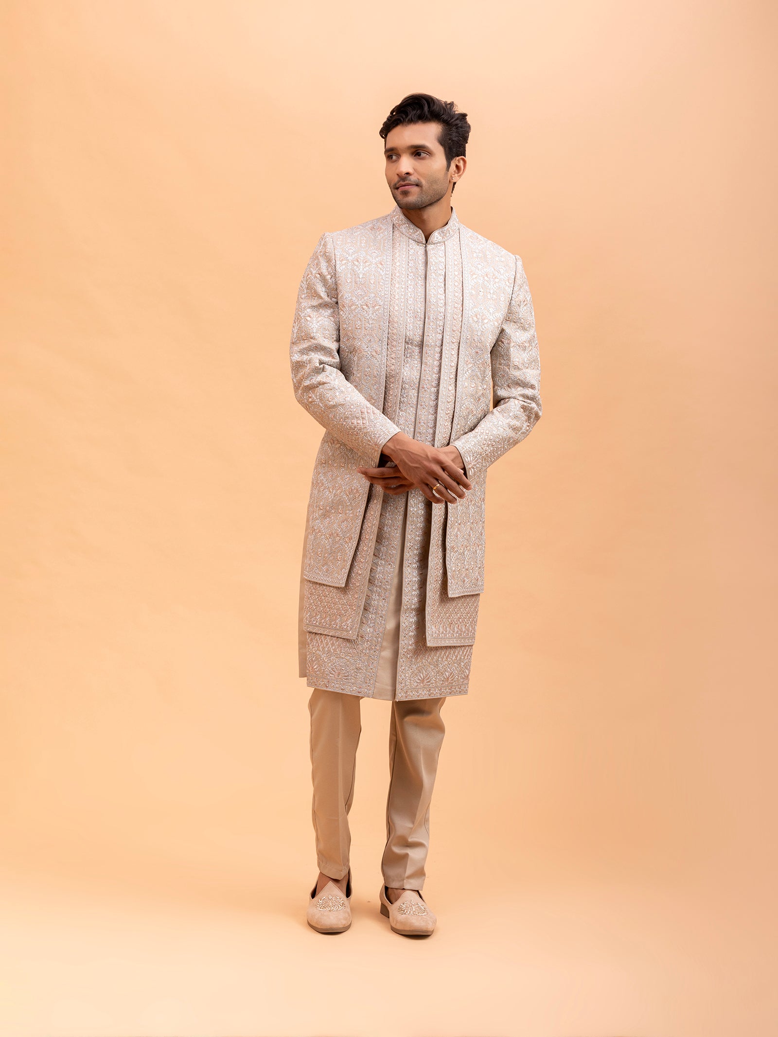 Beige Floral Embroidered Sherwani Set