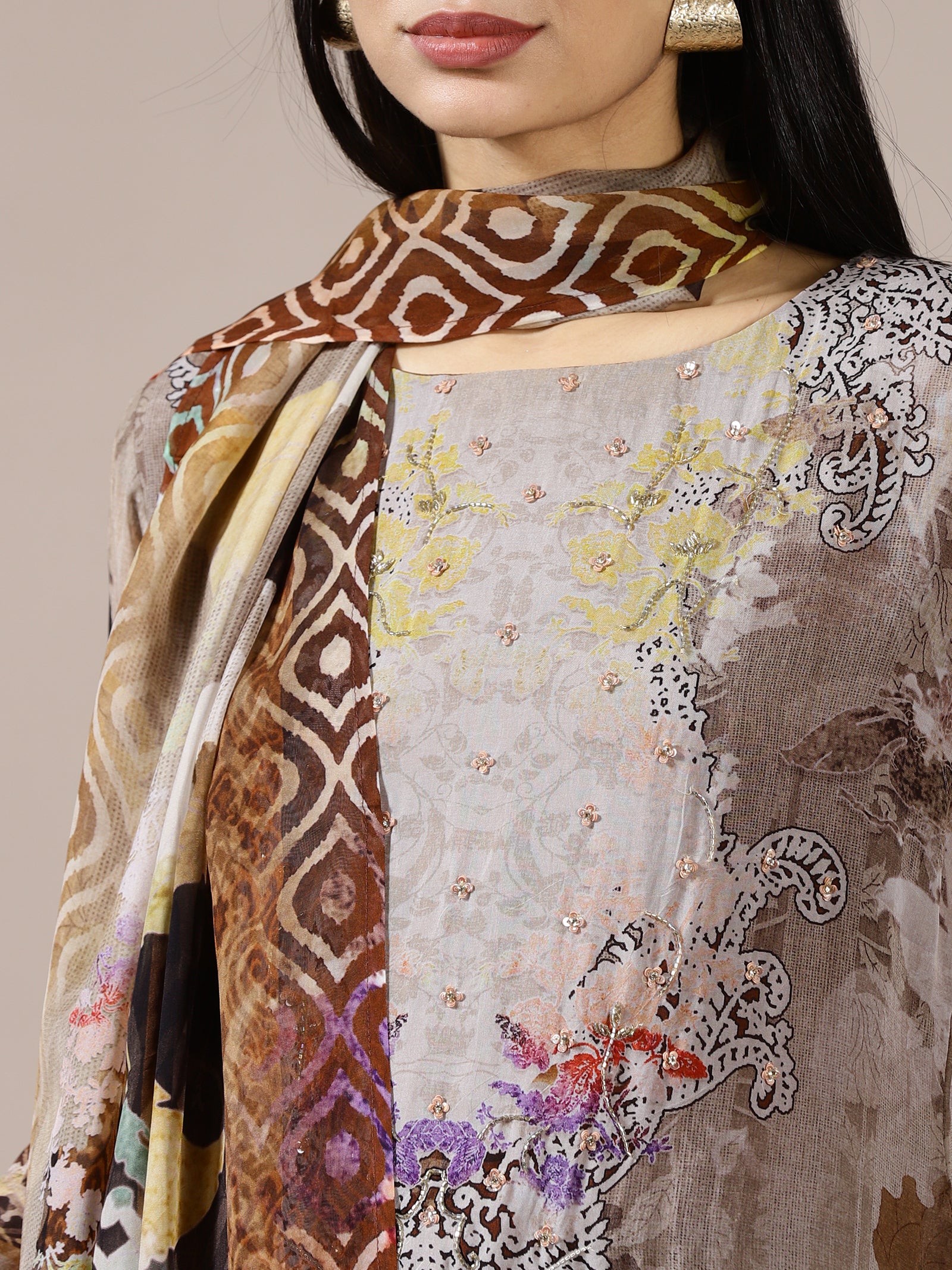 Brown Abstract Print Suit Set