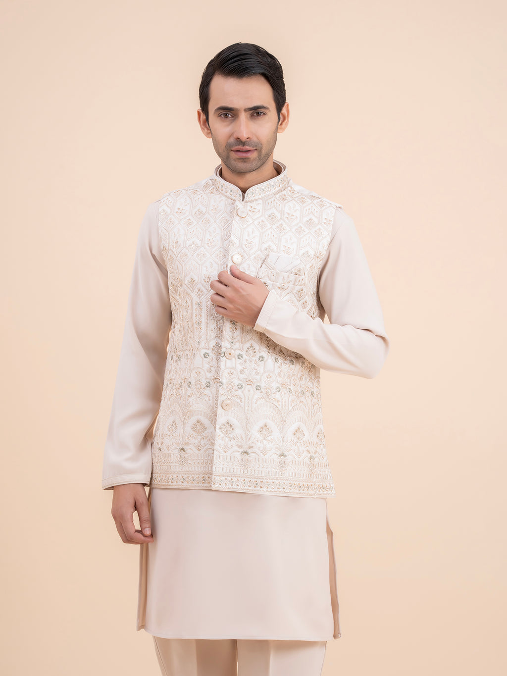 Cream Heavy Embroidered Nehru Jacket