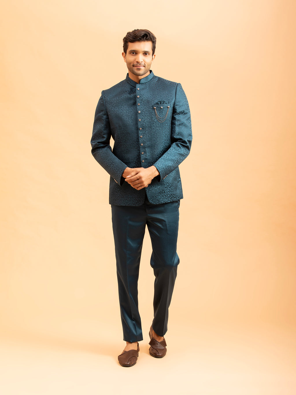 Deep Teal Floral Jacquard Jodhpuri Set