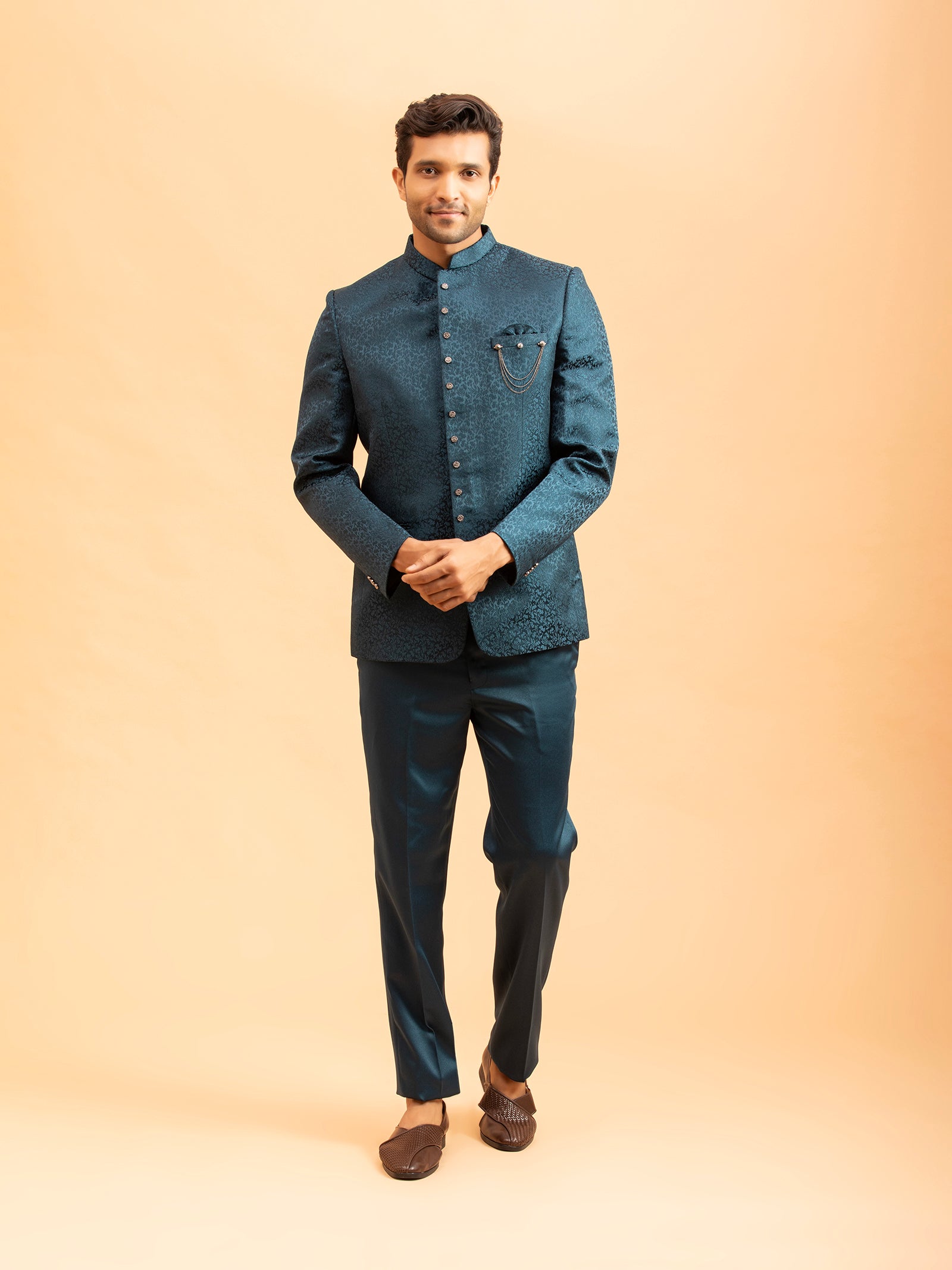 Deep Teal Floral Jacquard Jodhpuri Set