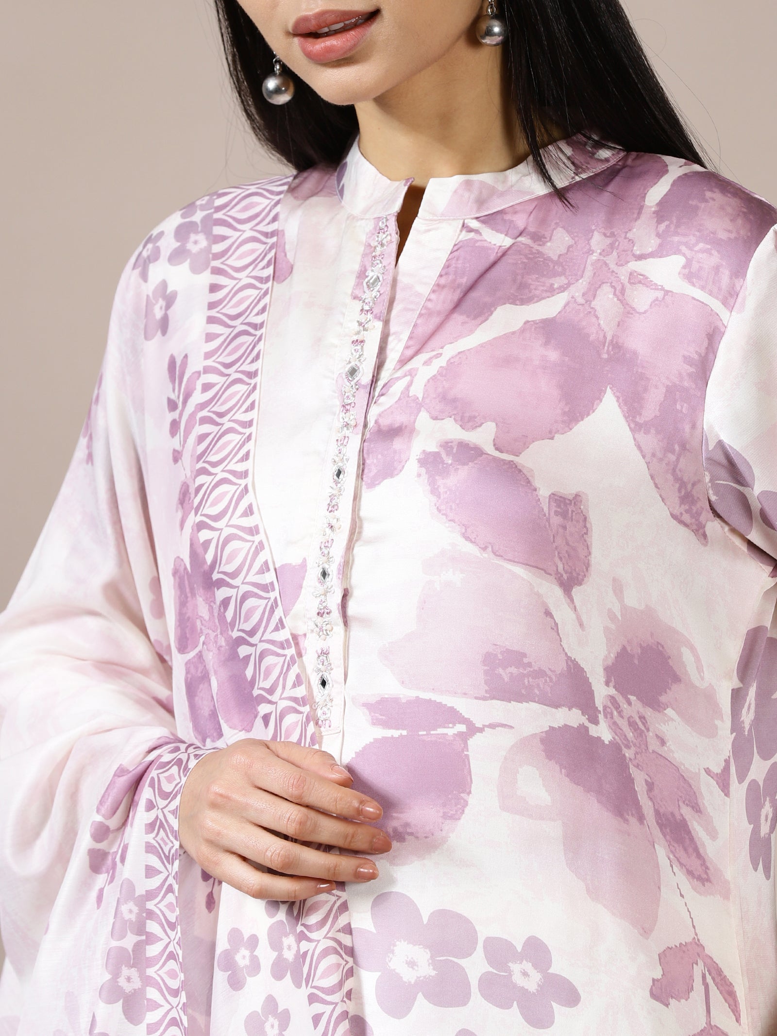 White and Lavender Floral Print Suit Set