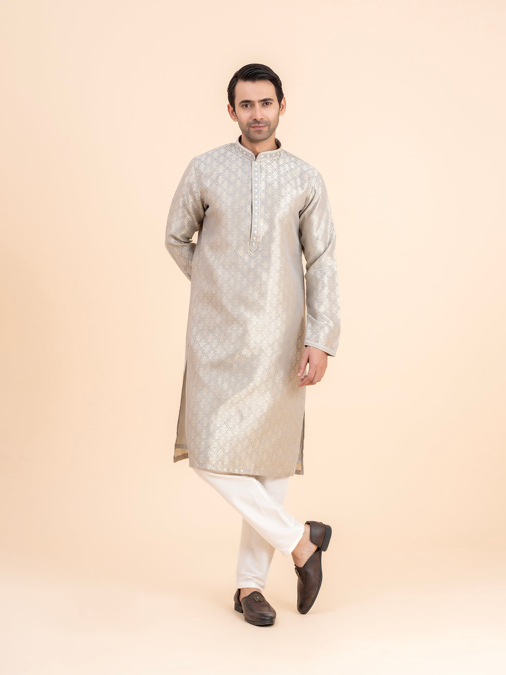 Silver Brocade Kurta Set