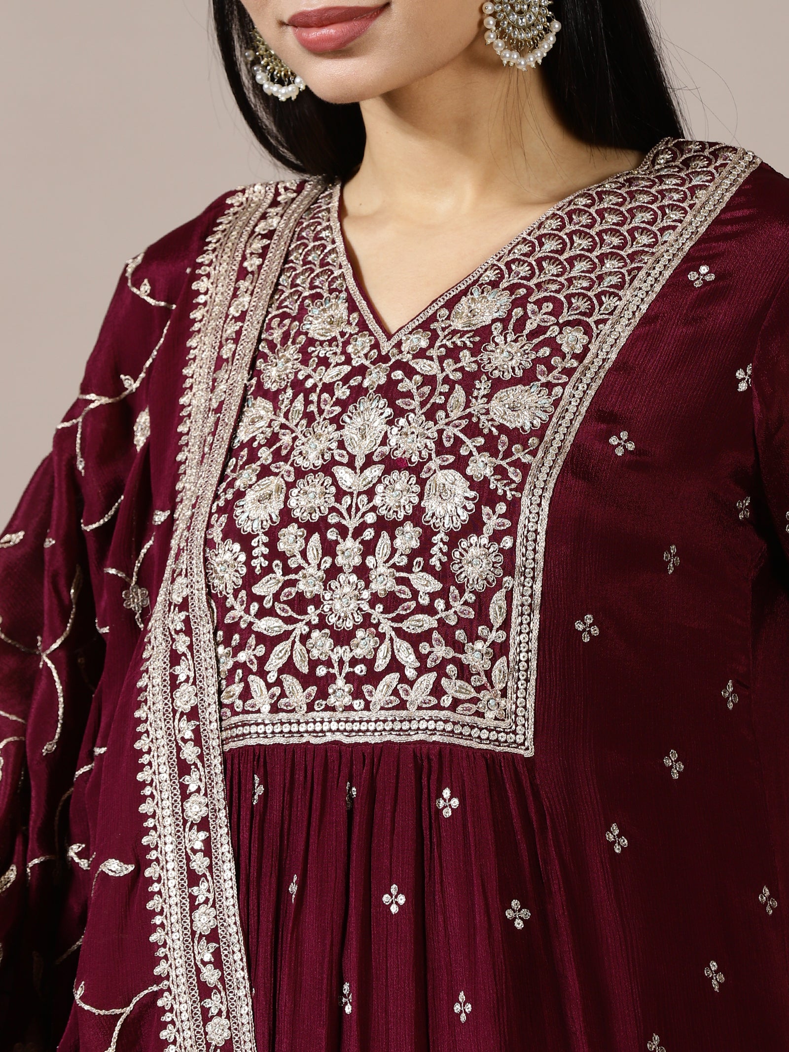 Maroon Embroidered Kurta Set