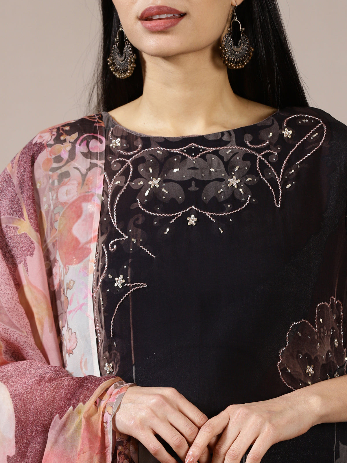 Black Floral Print Tunic Set