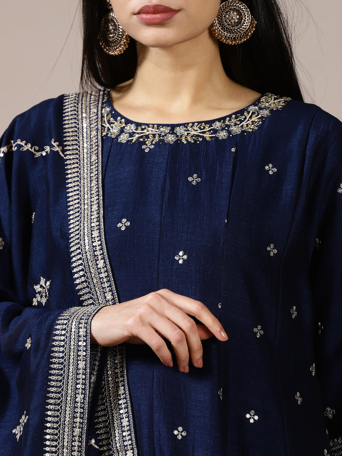 Navy Blue Embroidered Silk Suit Set