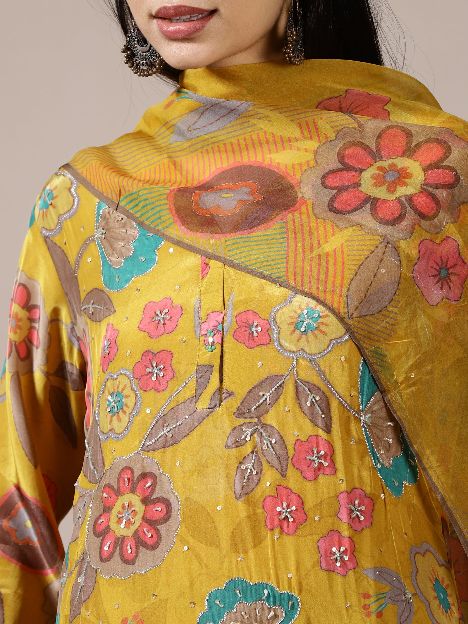 Mustard Floral Embroidered Set