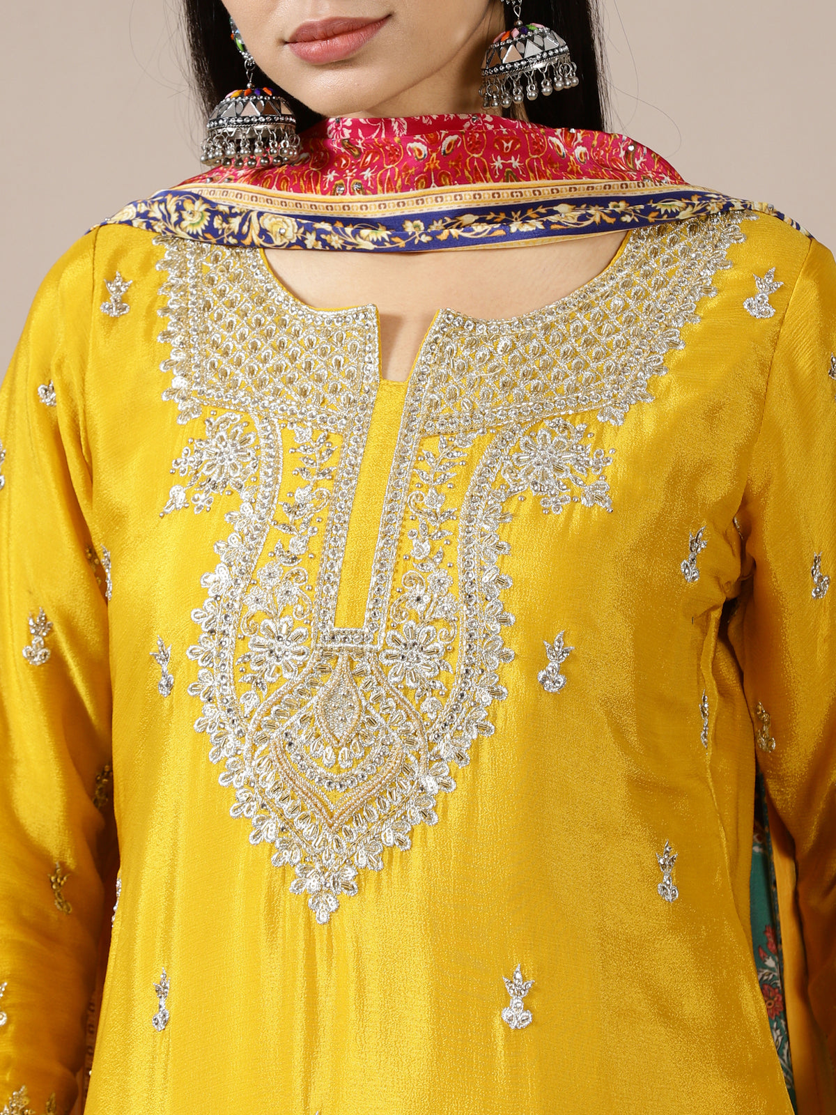 Mustard Zari Kurta with Printed Gharara Set