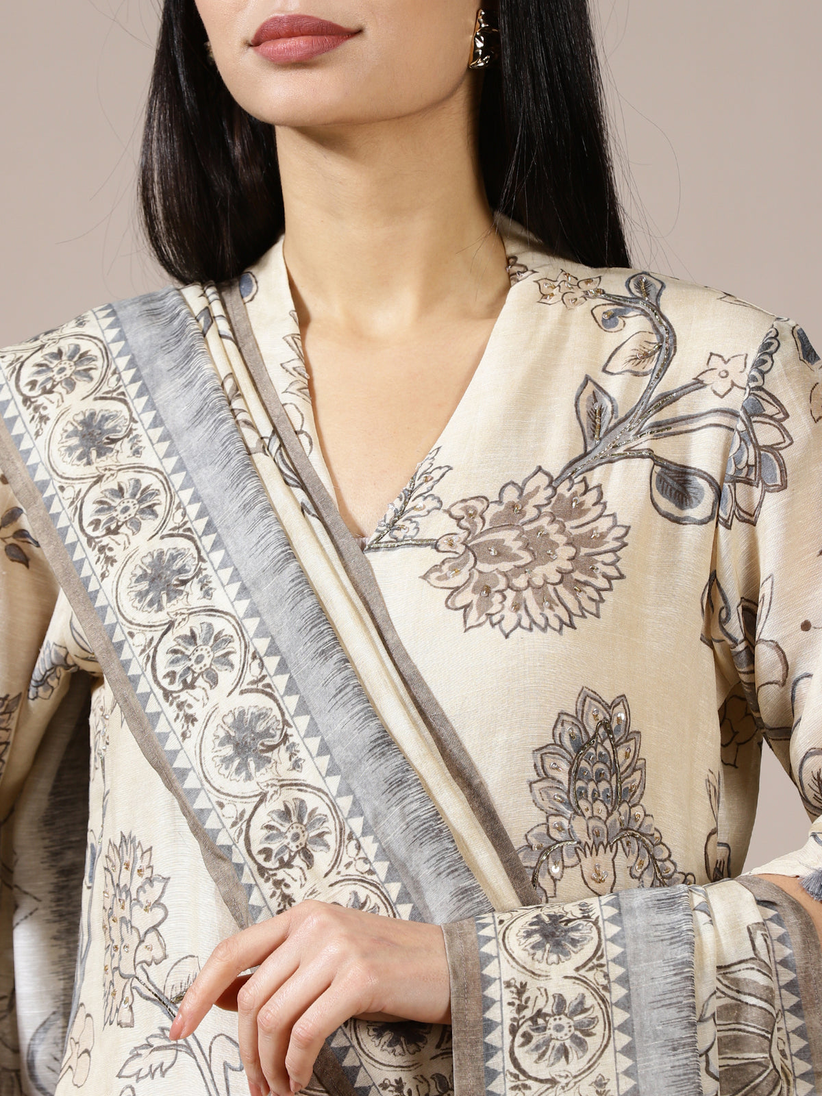 Off-White & Grey Printed Silk Blend Suit Set