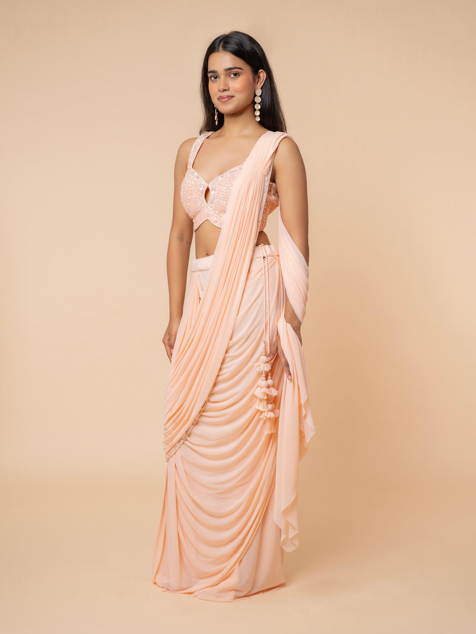 Peach Pre-draped Saree with Embellished Sweetheart Blouse