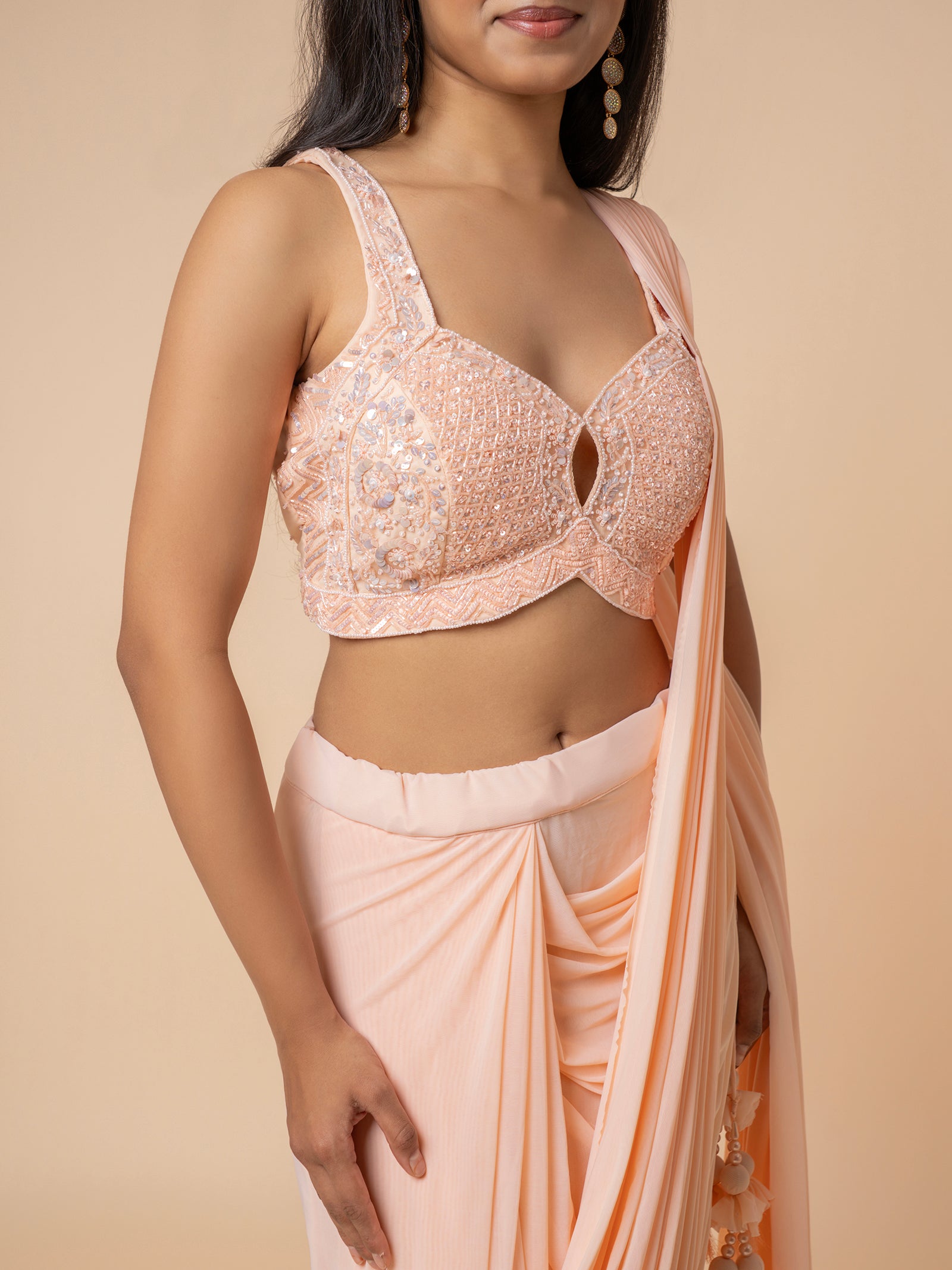 Peach Pre-draped Saree with Embellished Sweetheart Blouse