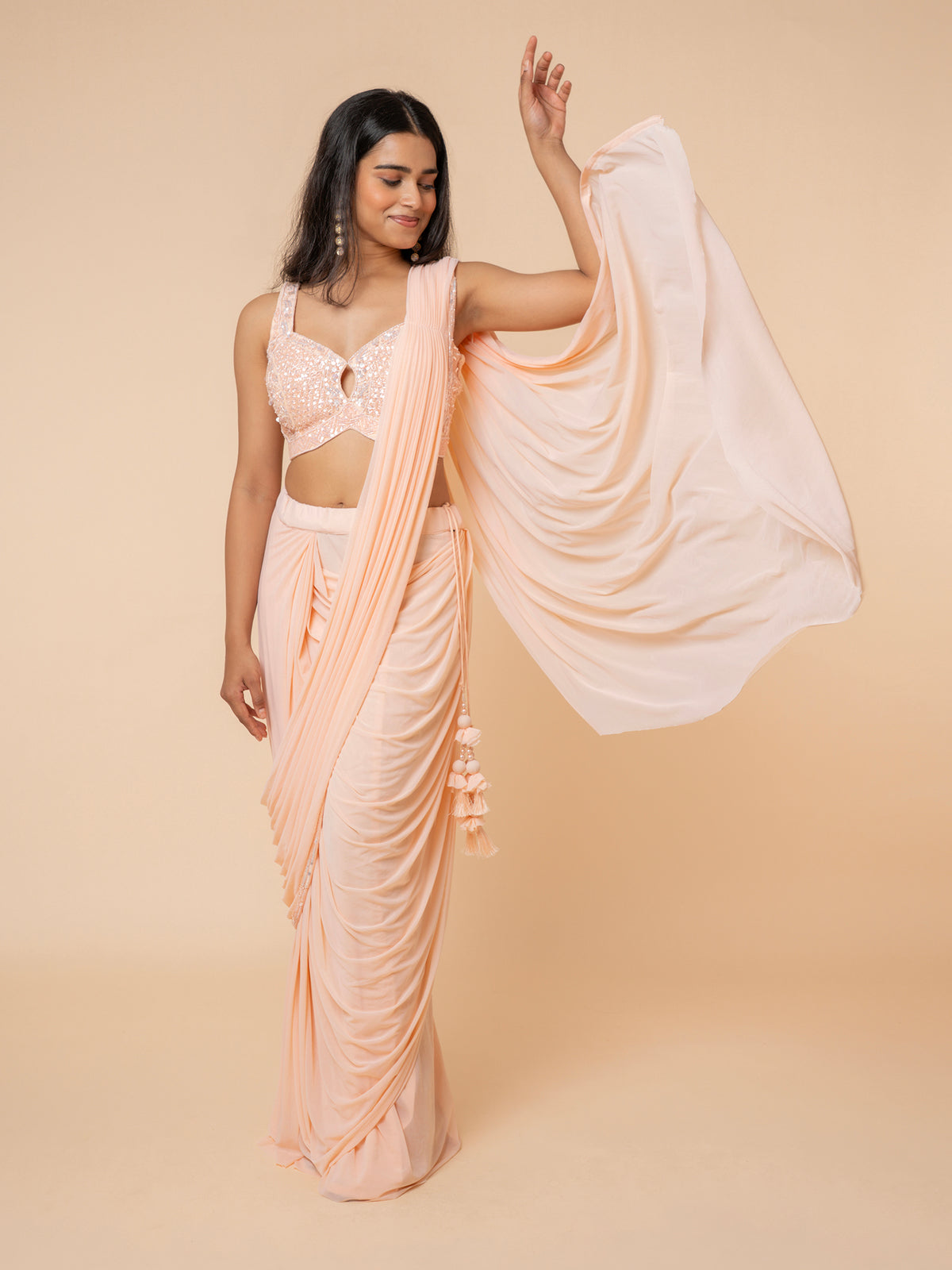 Peach Pre-draped Saree with Embellished Sweetheart Blouse