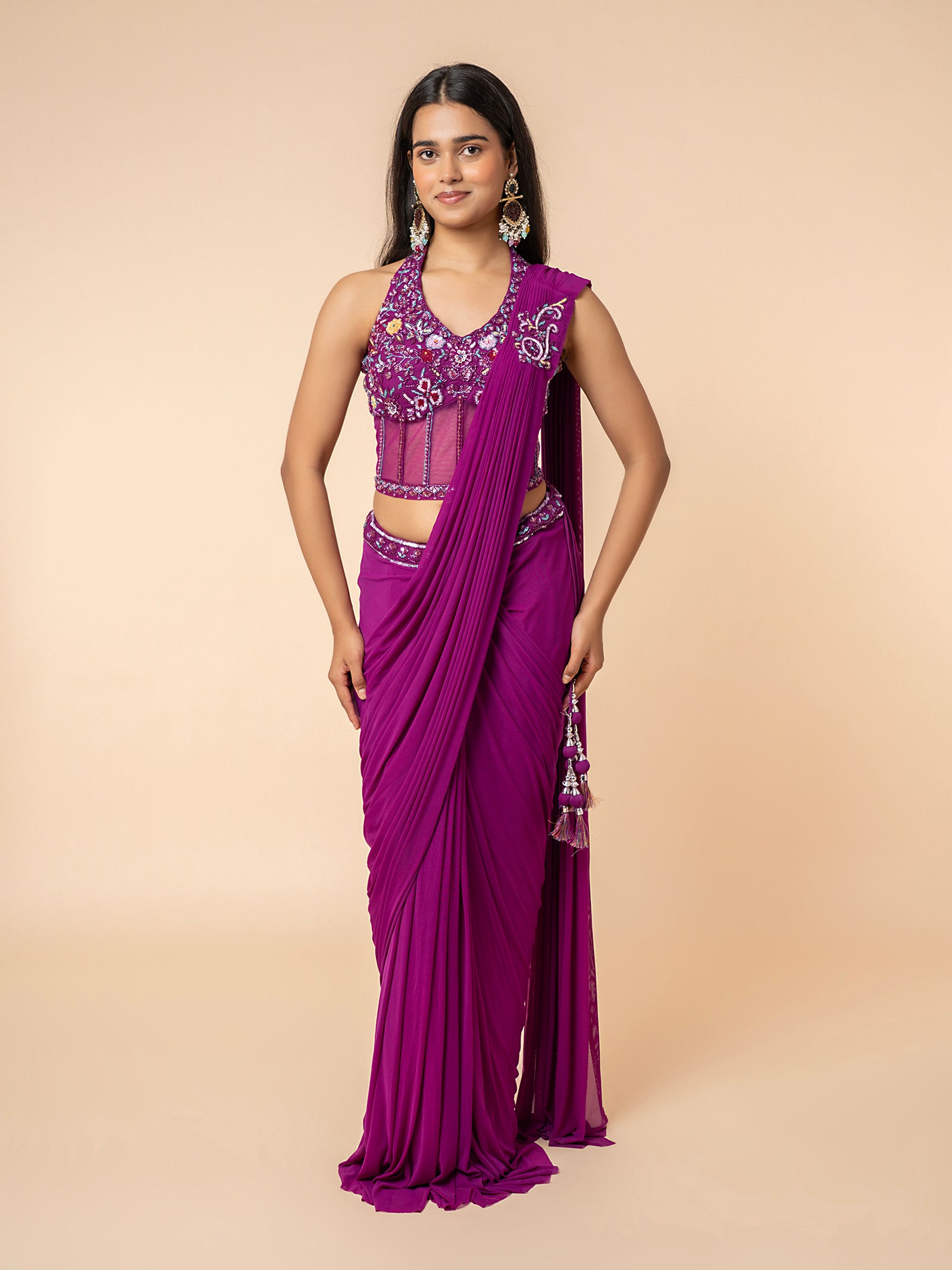 Purple Pre-draped Saree with Embellished Corset-Style Blouse