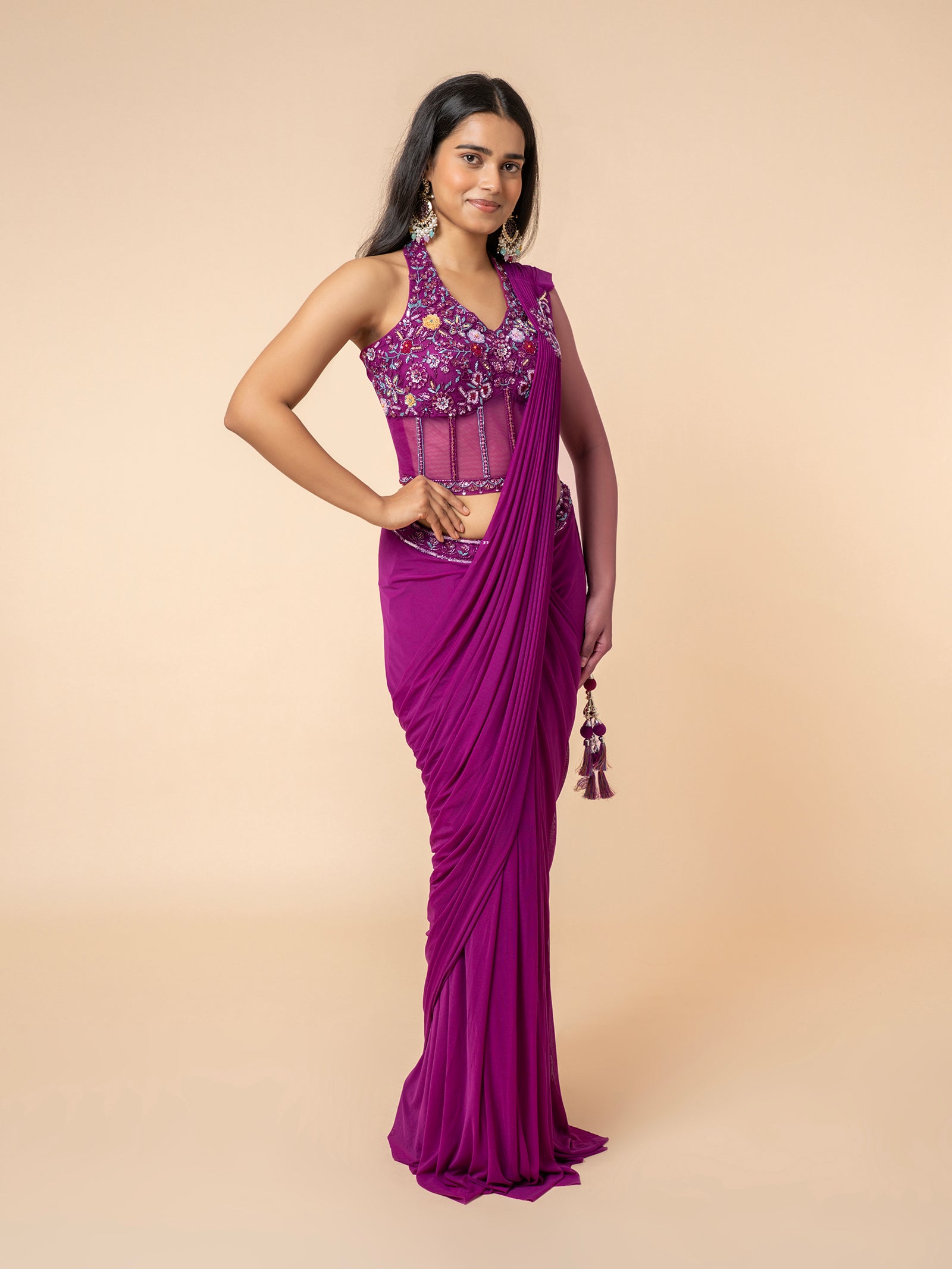 Purple Pre-draped Saree with Embellished Corset-Style Blouse
