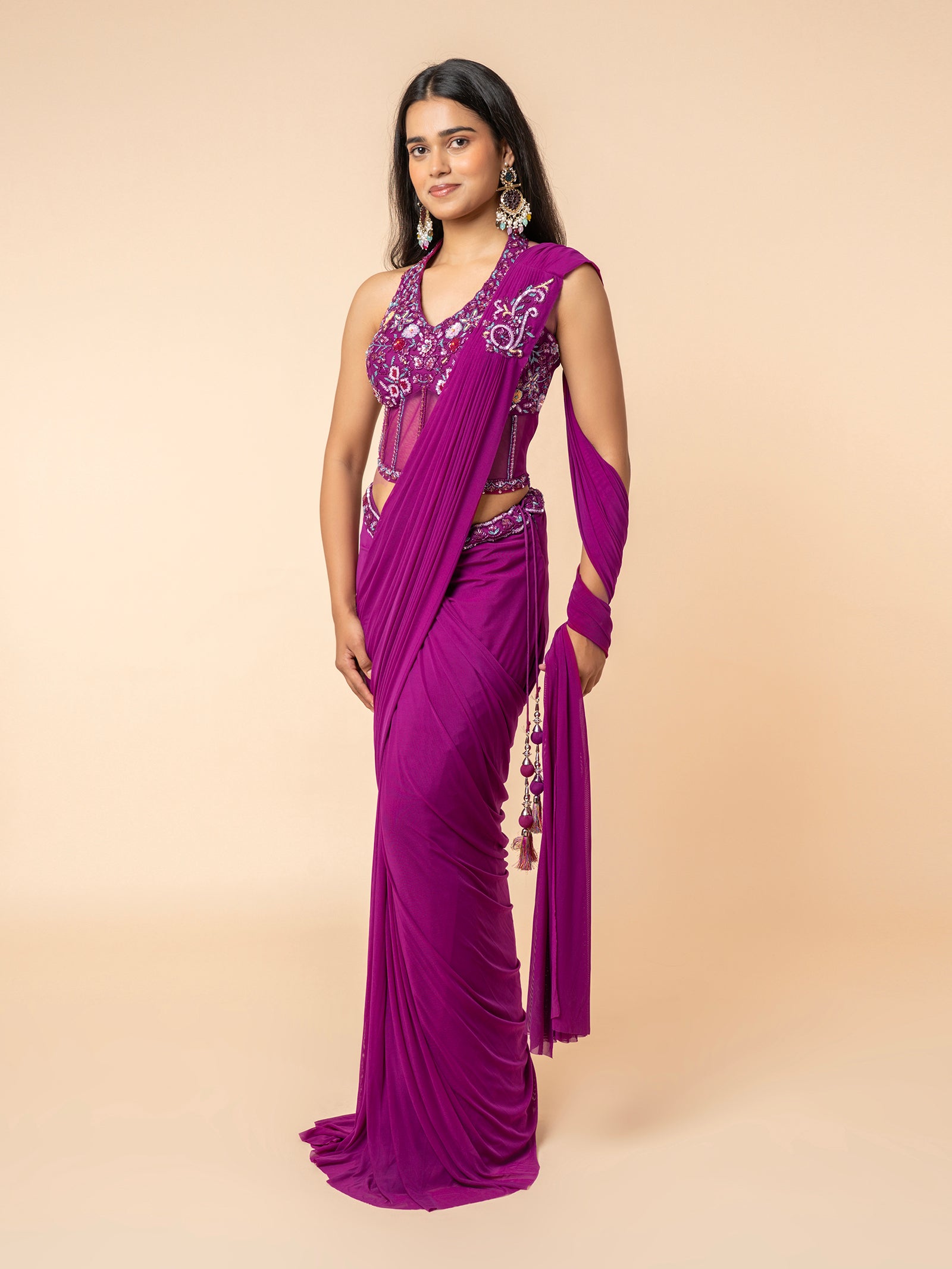 Purple Pre-draped Saree with Embellished Corset-Style Blouse