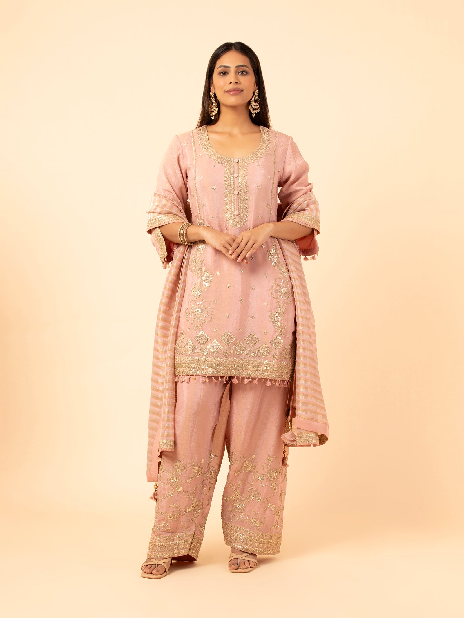 Blush Pink Silk Suit with Gold Embellishments
