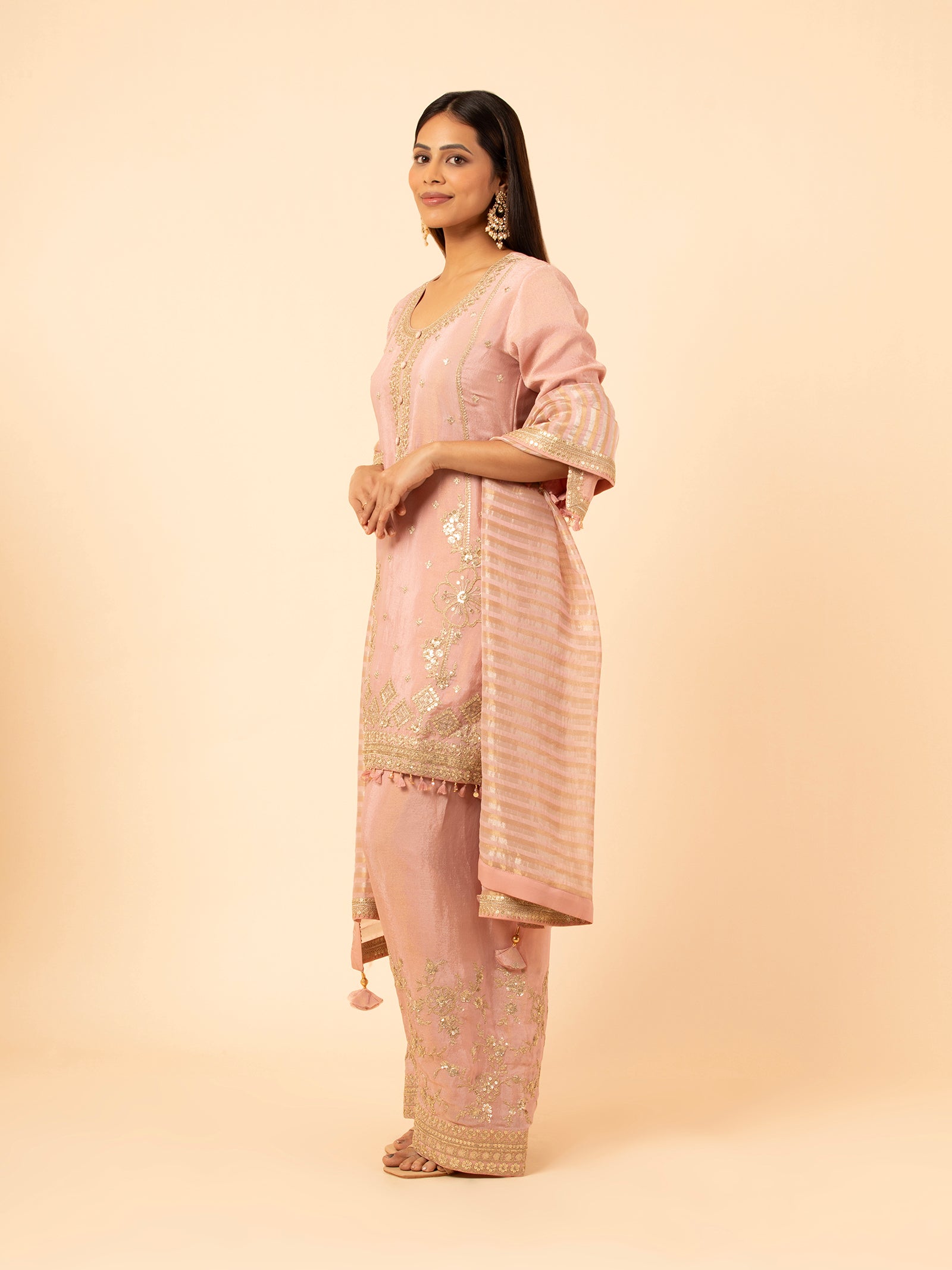 Blush Pink Silk Suit with Gold Embellishments