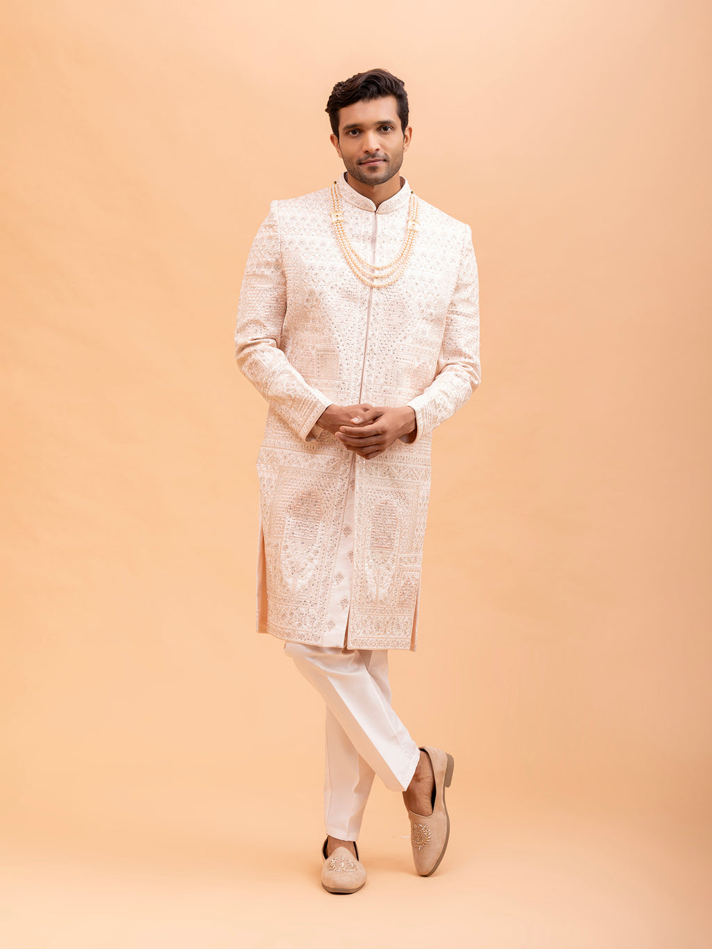 Blush Pink Geometric Embroidered Sherwani Set