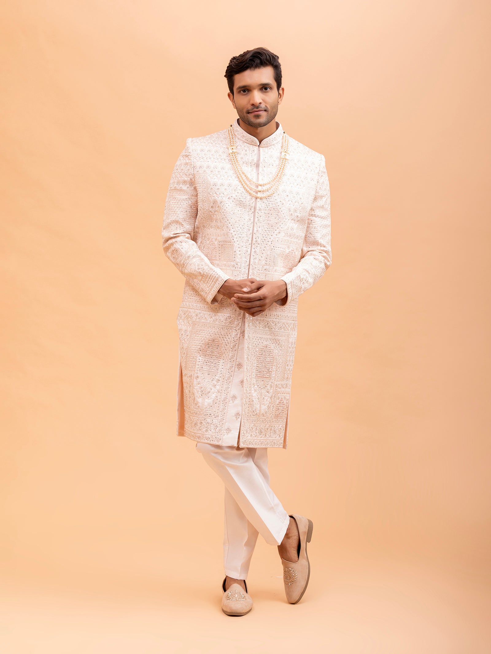 Blush Pink Geometric Embroidered Sherwani Set