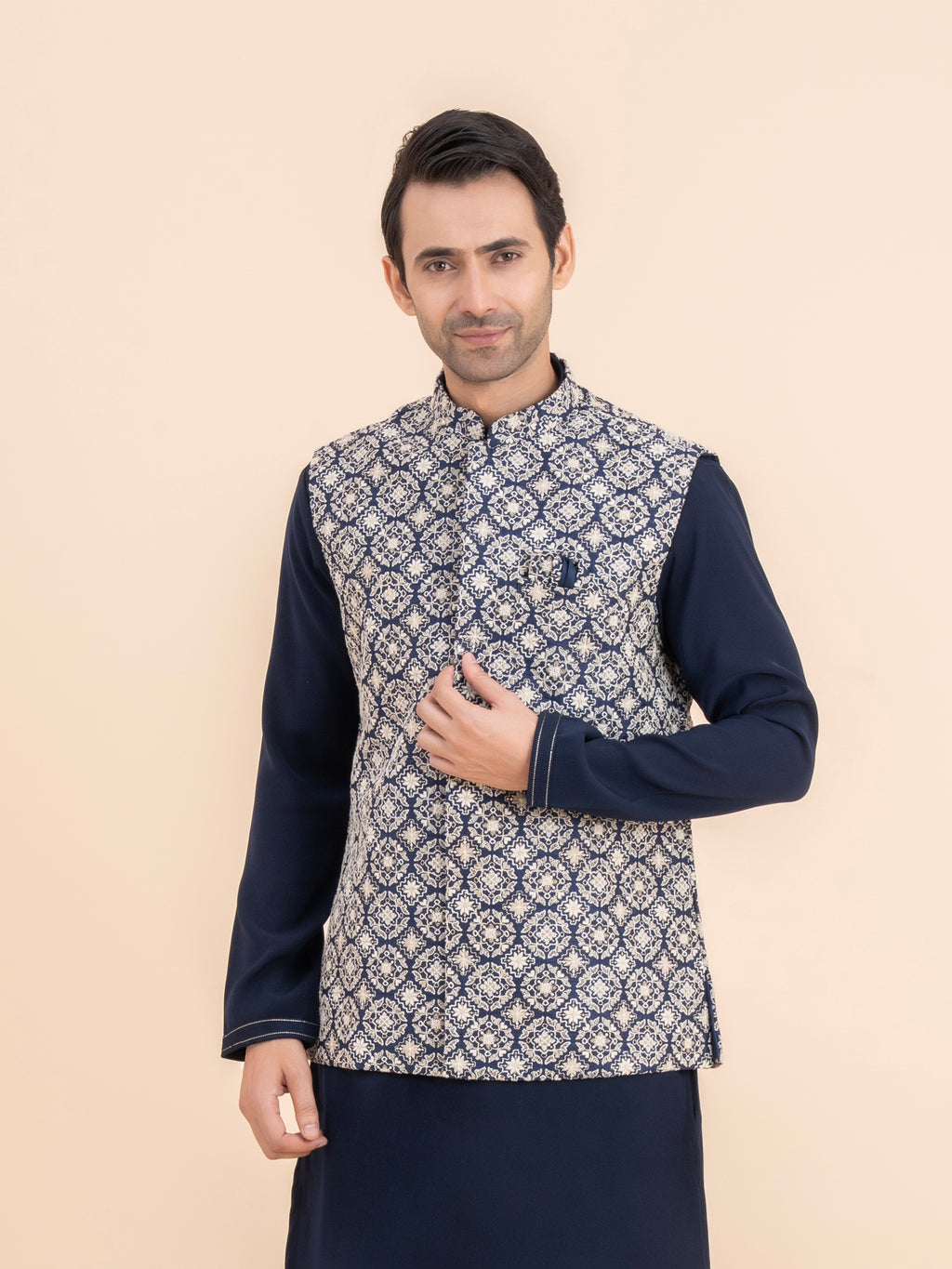 Navy Woven Motif Nehru Jacket