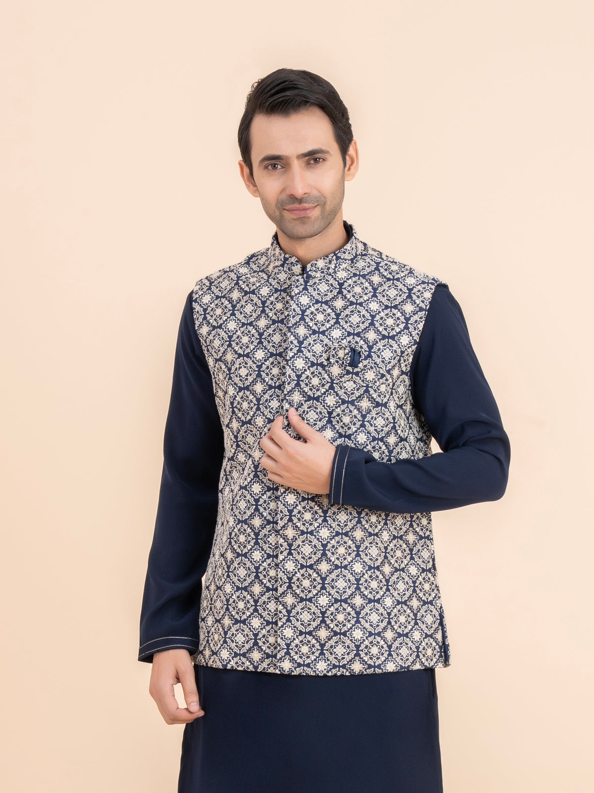 Navy Woven Motif Nehru Jacket