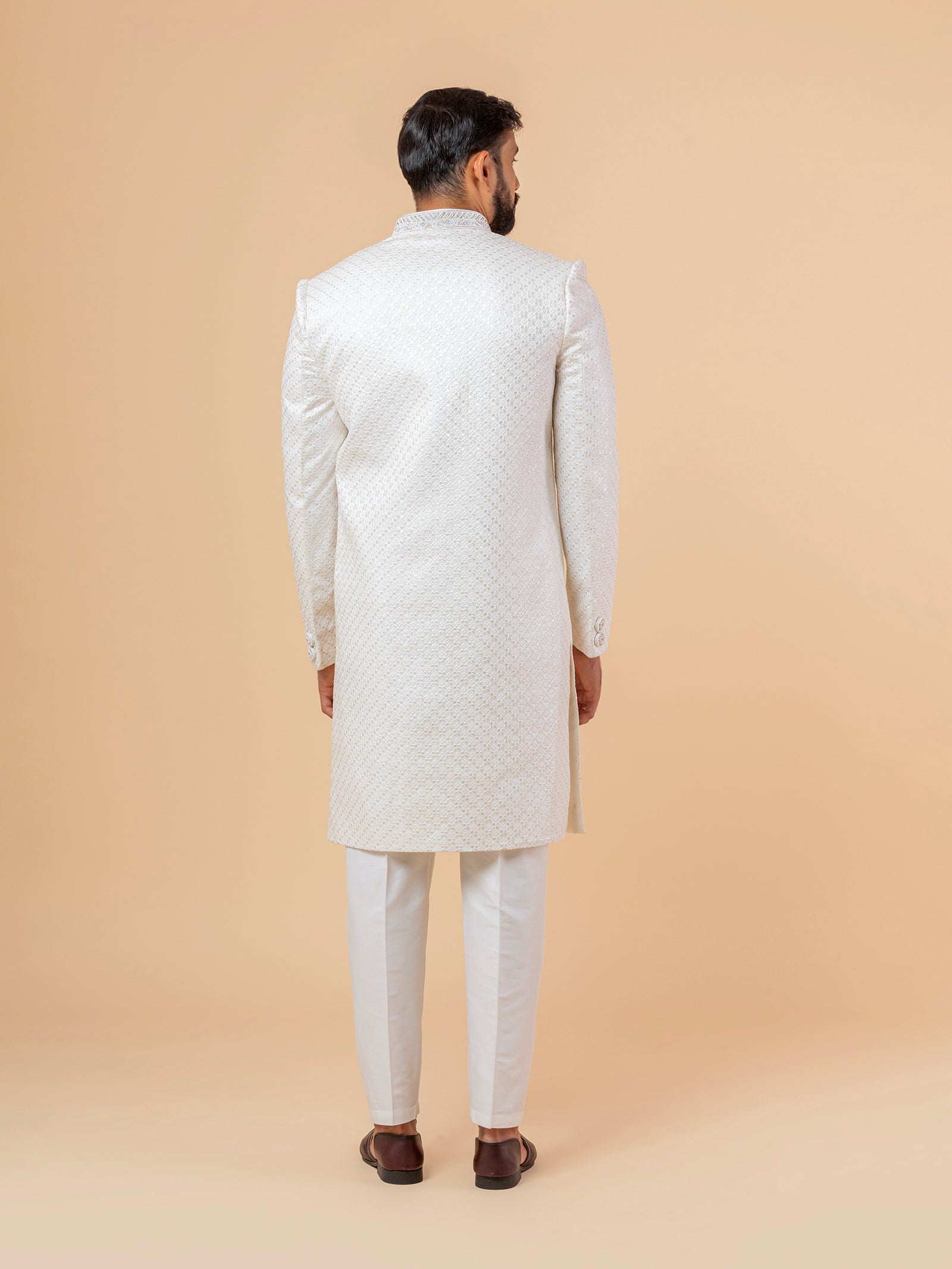 Warm White Allover-Embroidered Sherwani