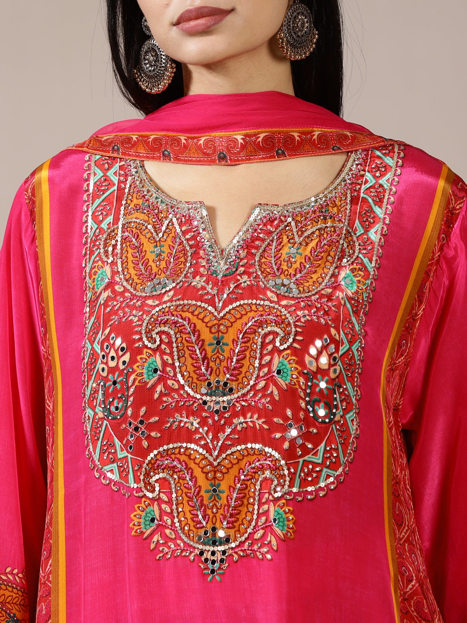 Hot Pink Embroidered Kurta Set with Broad Paisley Motifs