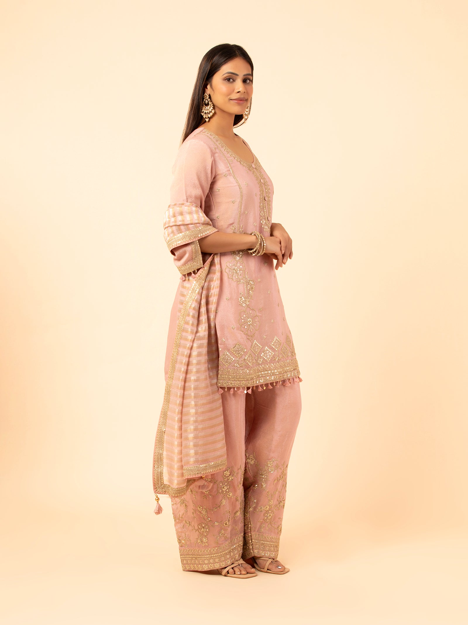 Blush Pink Silk Suit with Gold Embellishments