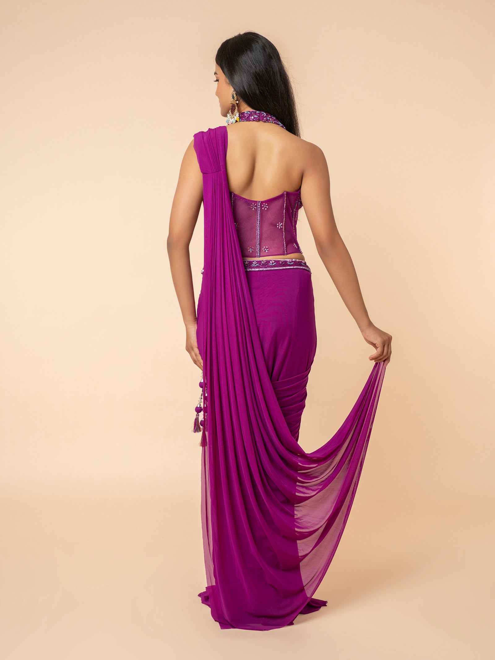 Purple Pre-draped Saree with Embellished Corset-Style Blouse