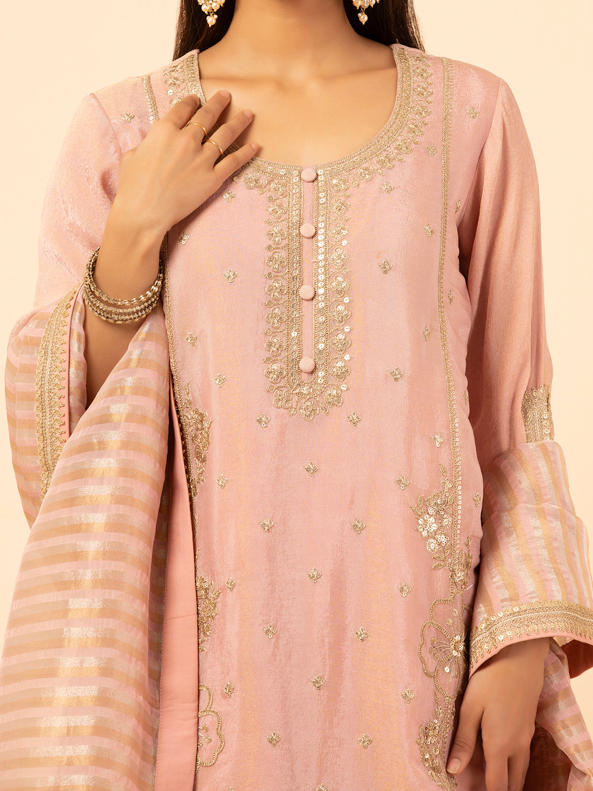 Blush Pink Silk Suit with Gold Embellishments