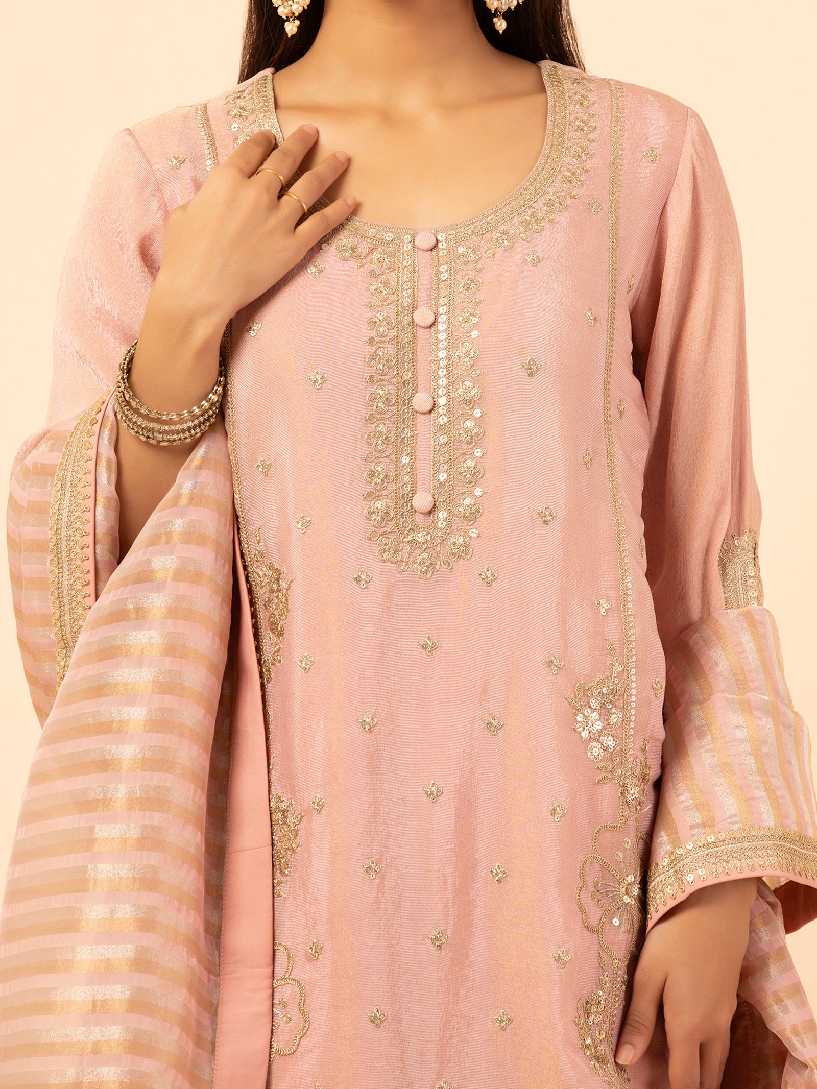 Blush Pink Silk Suit with Gold Embellishments