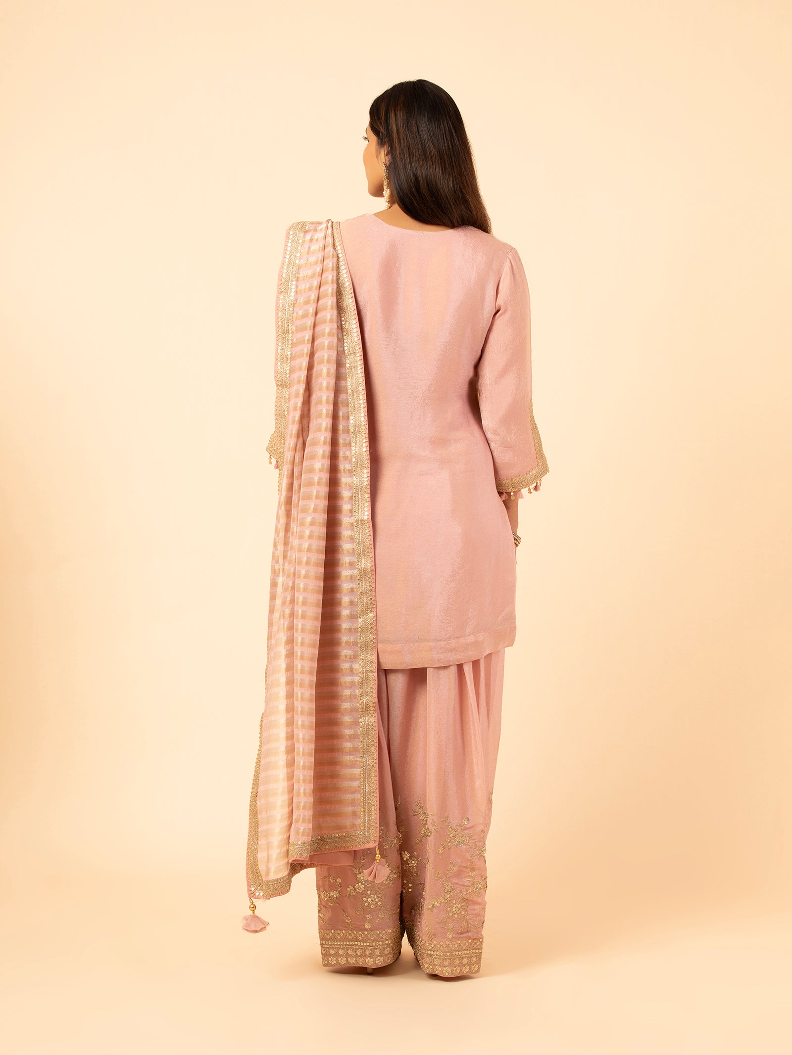 Blush Pink Silk Suit with Gold Embellishments