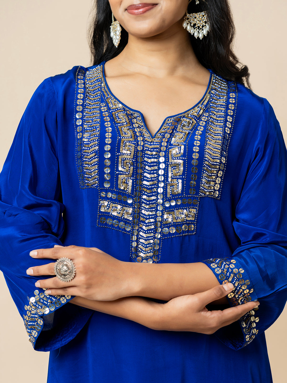 Royal Blue Silk Co-ord Set with Geometric Sequin Work