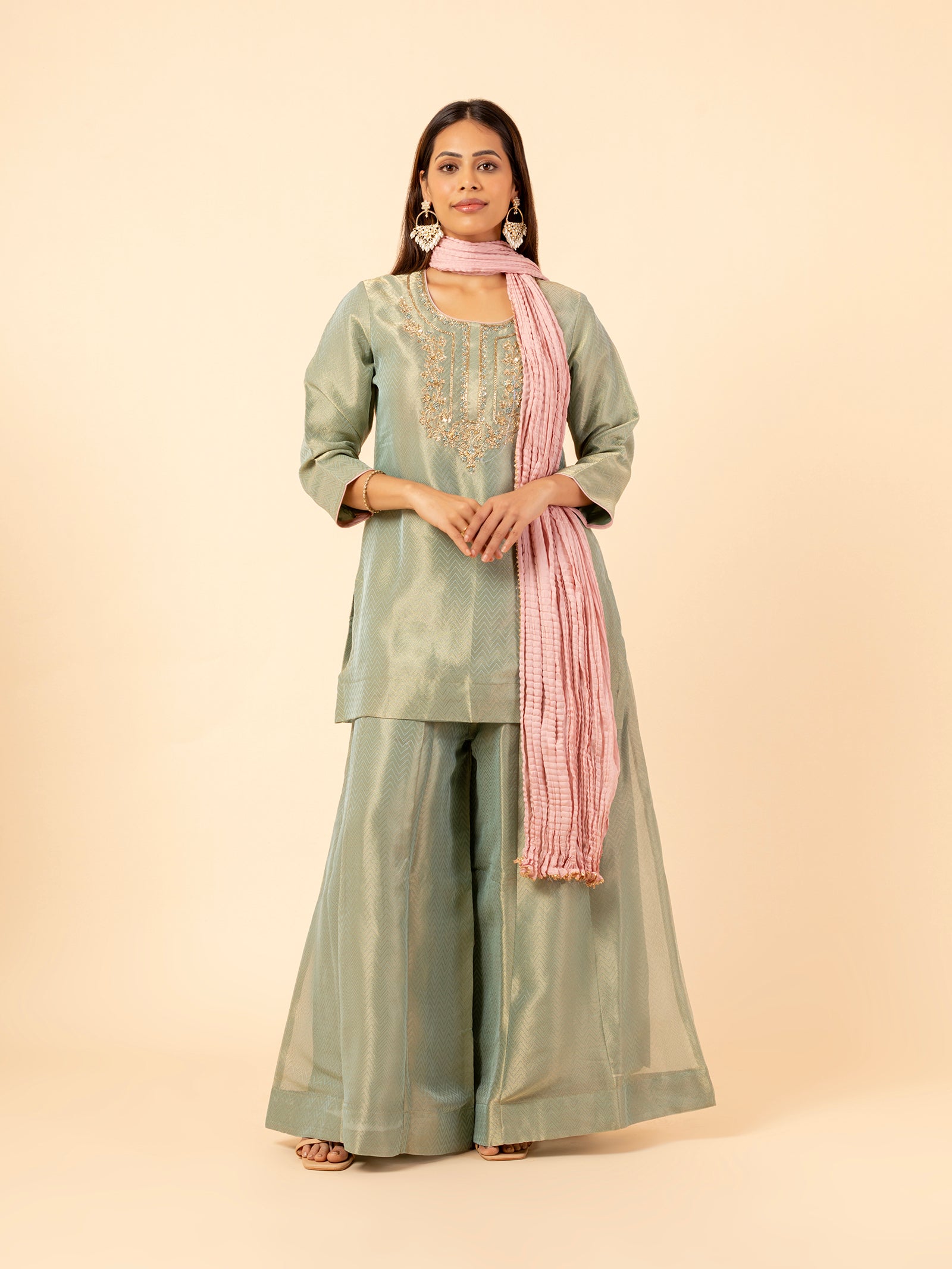 Sage Glimmer Silk Sharara Set