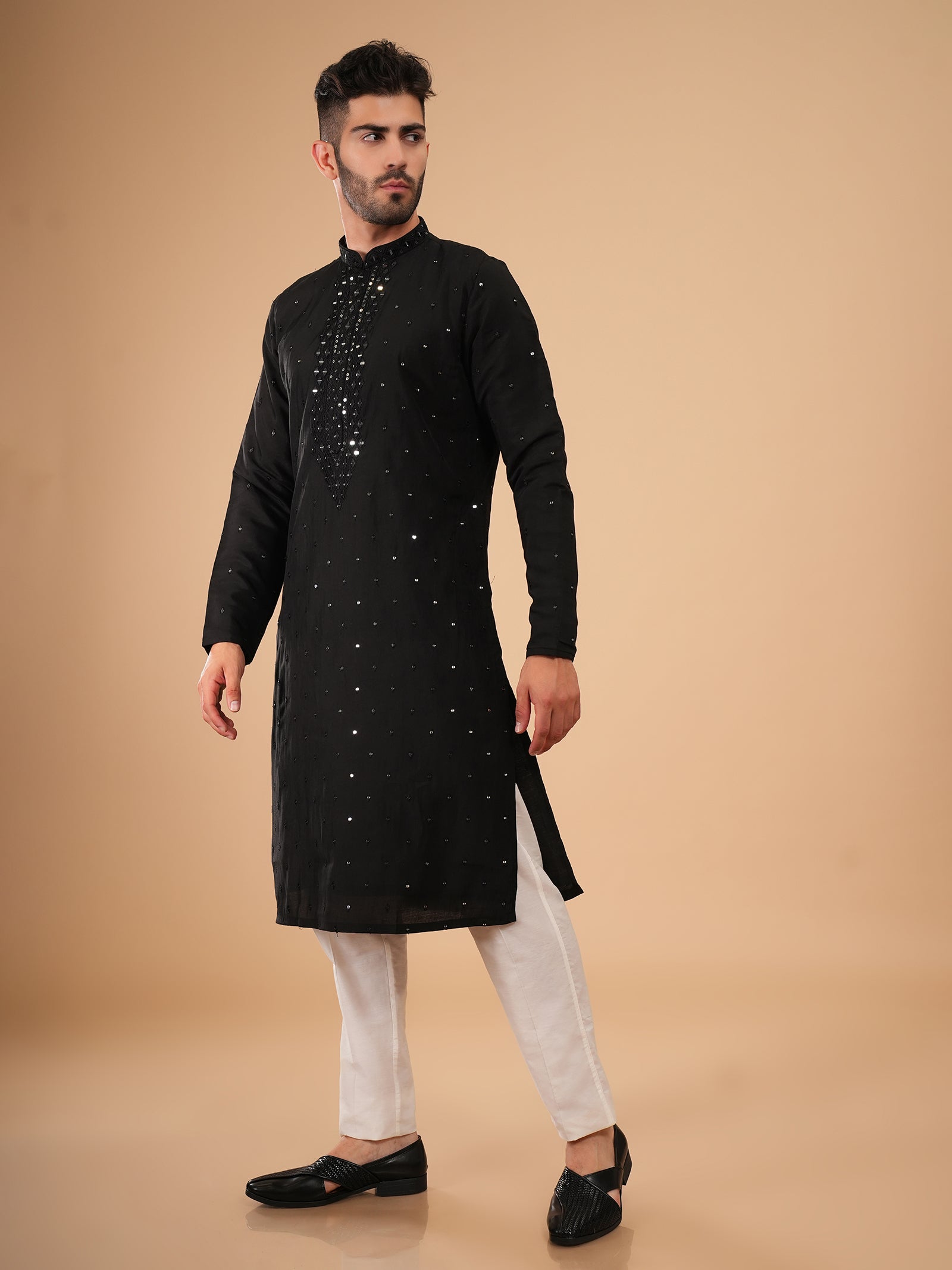Jet Black Mirror-Embroidered Kurta Set
