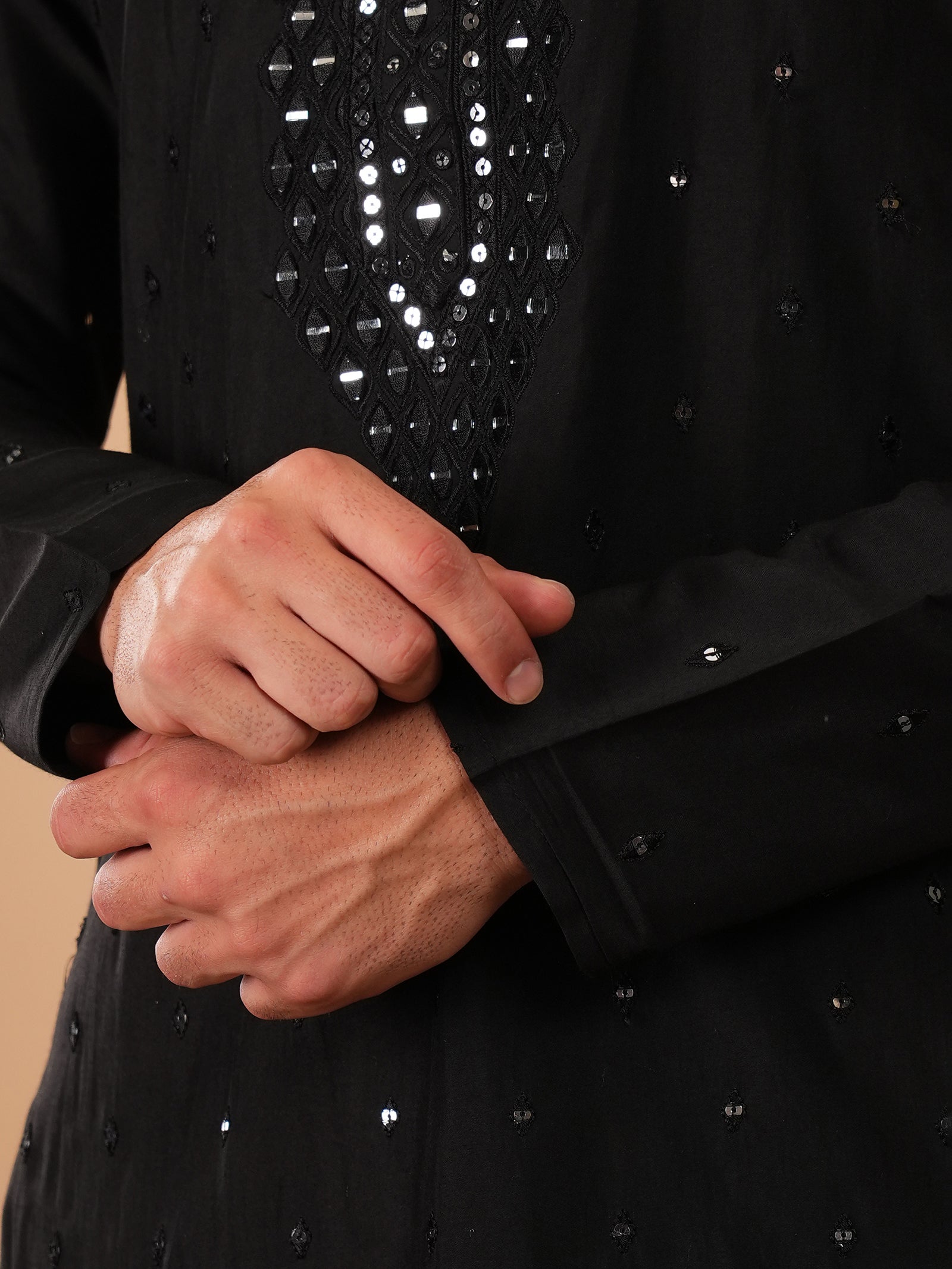 Jet Black Mirror-Embroidered Kurta Set