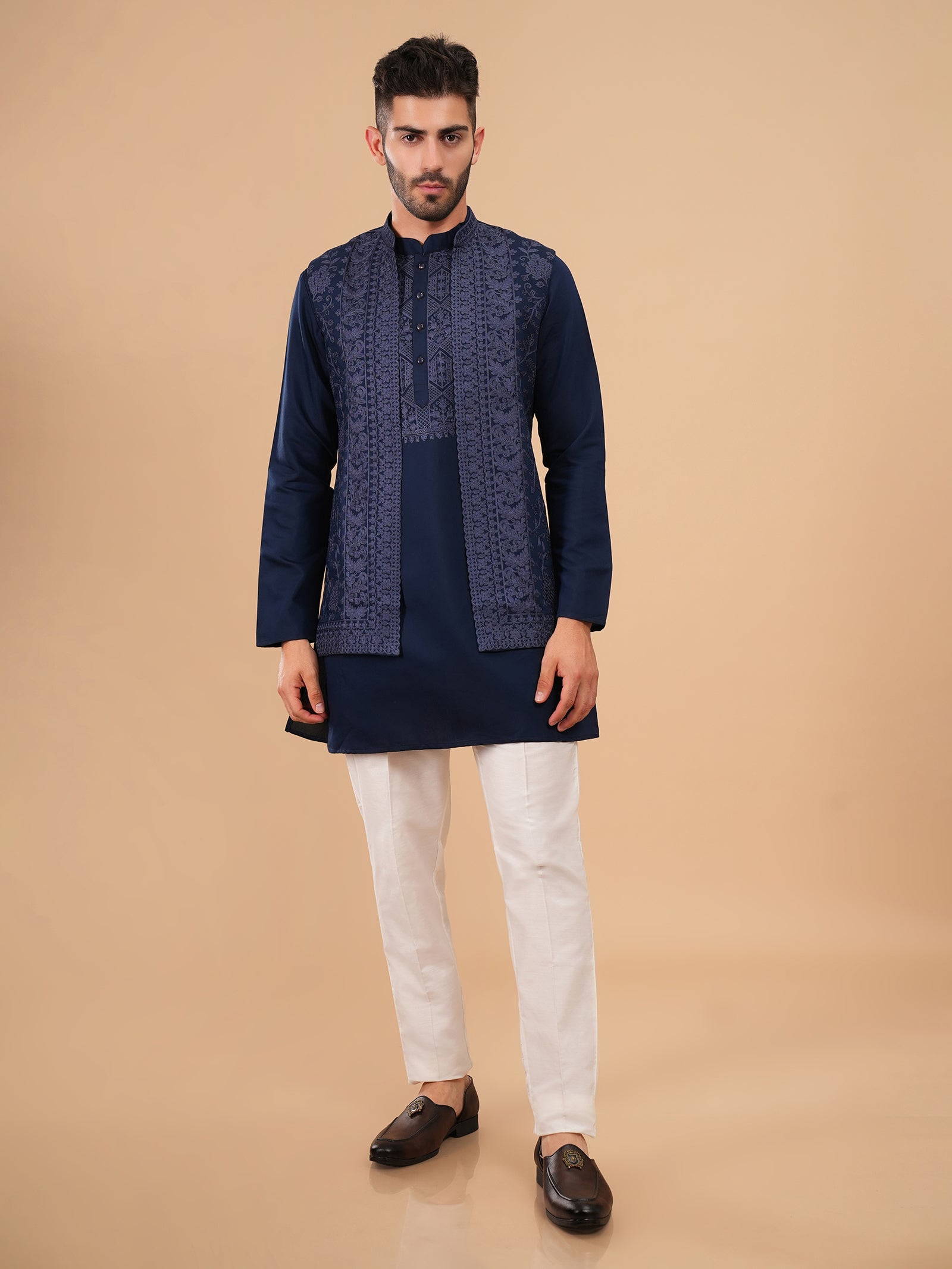 Midnight Navy Filigree Embroidered Kurta Jacket Set