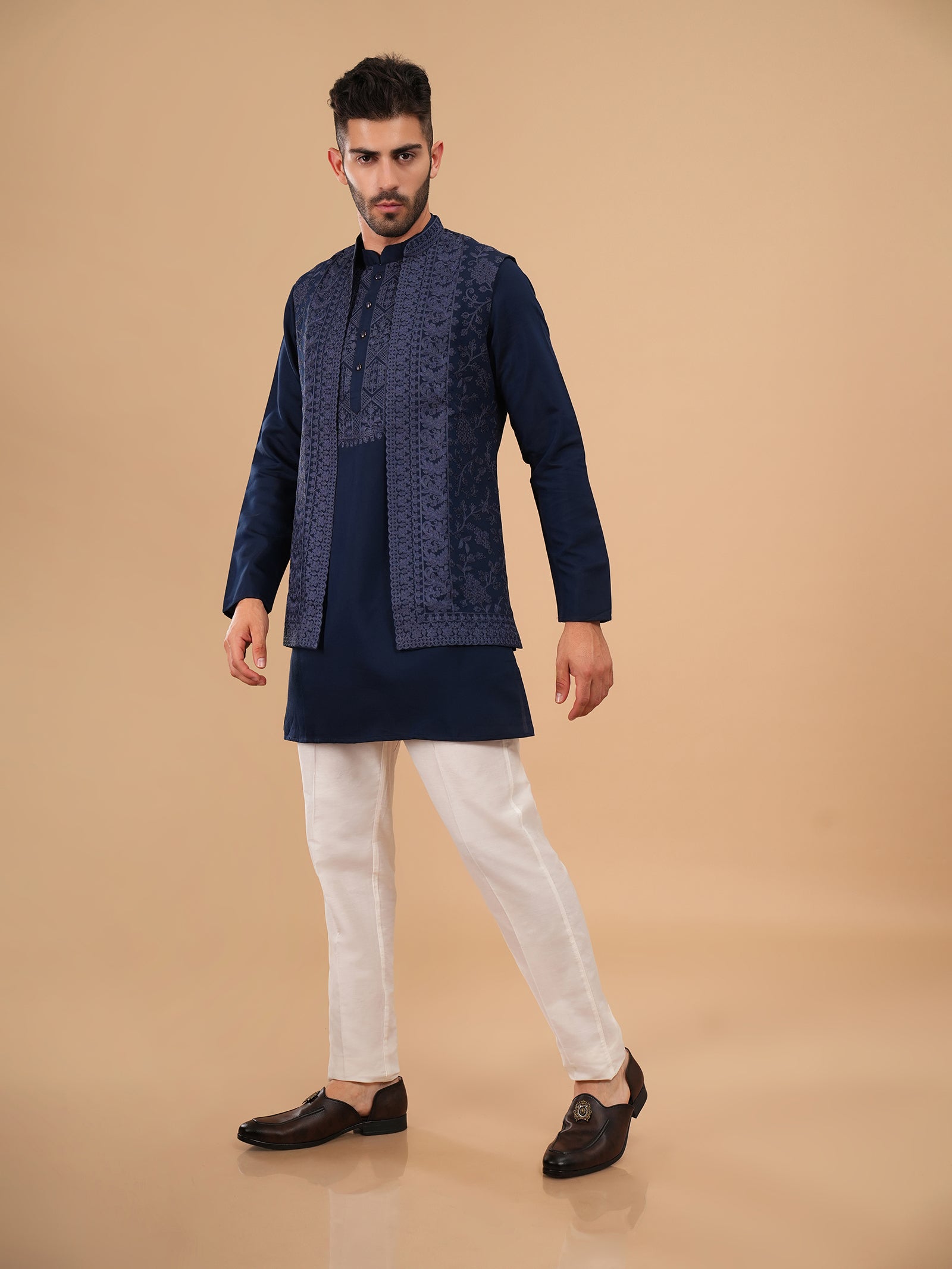 Midnight Navy Filigree Embroidered Kurta Jacket Set